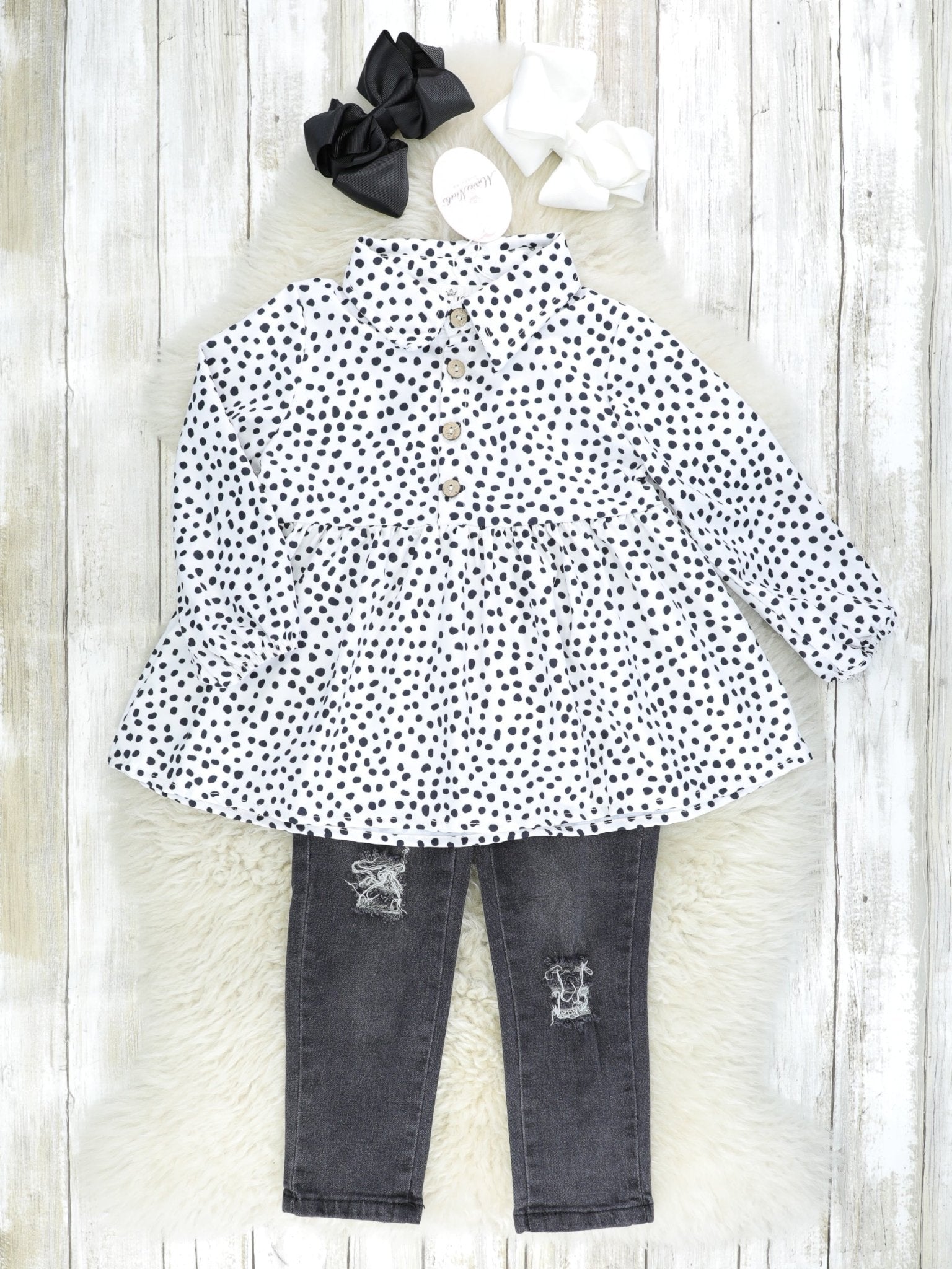 Dalmatian Polo Peplum Top & Black Denim Outfit - Marie Nicole Clothing