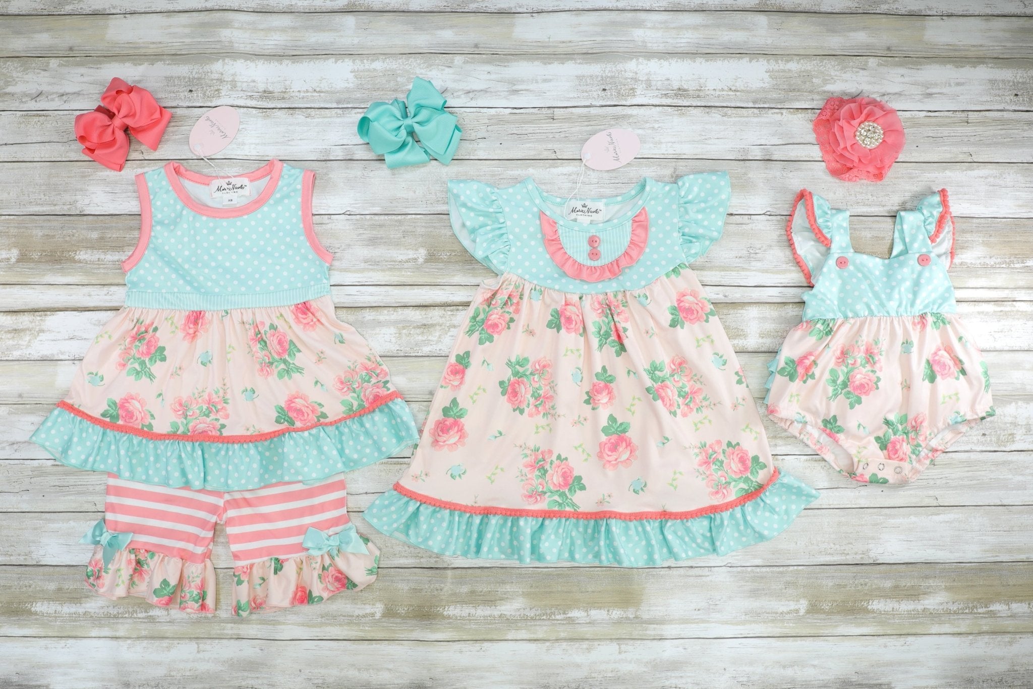 Blue Polka Dot Floral Ruffle Outfit - Marie Nicole Clothing