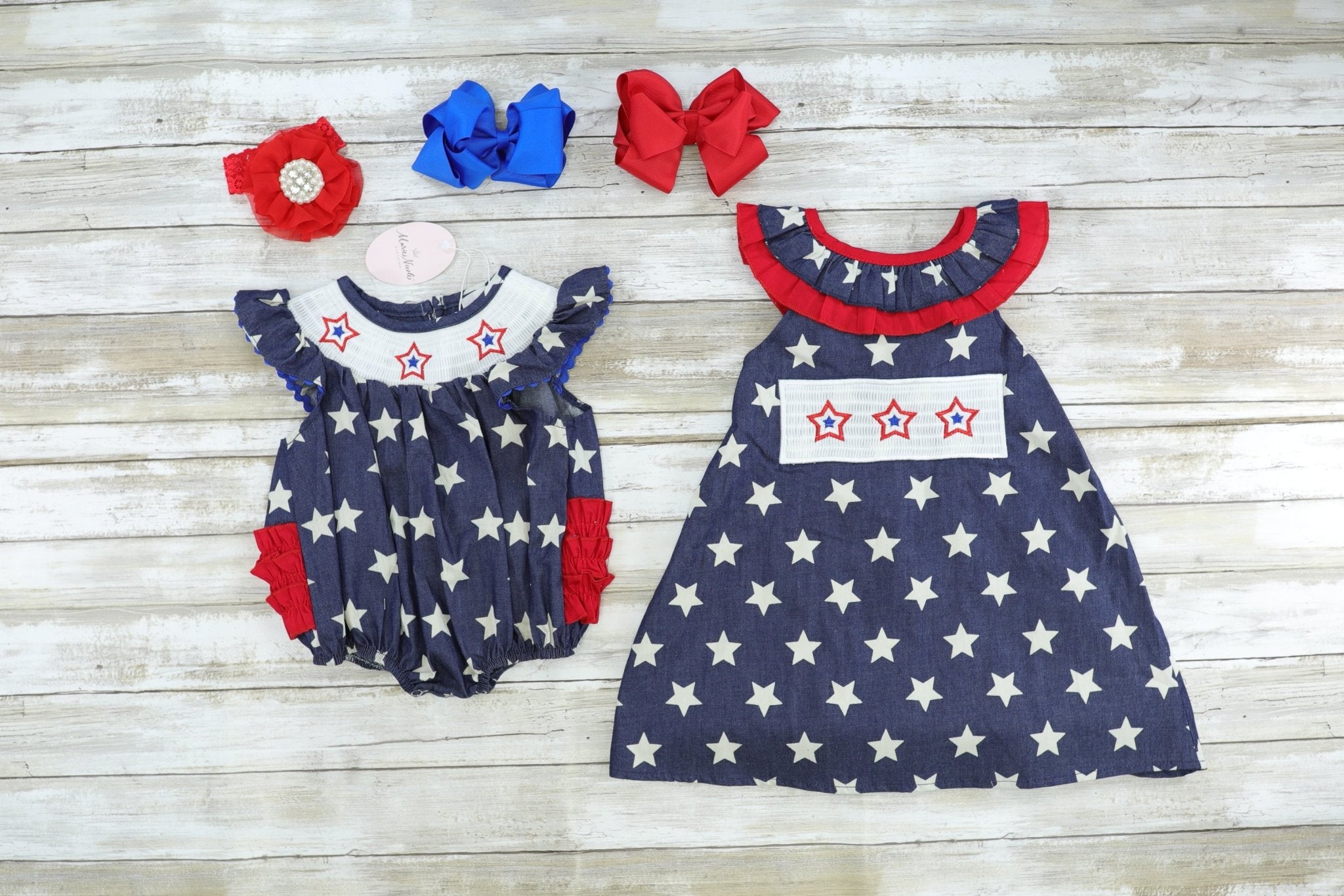 Navy Smocked Star Bubble Romper - Marie Nicole Clothing