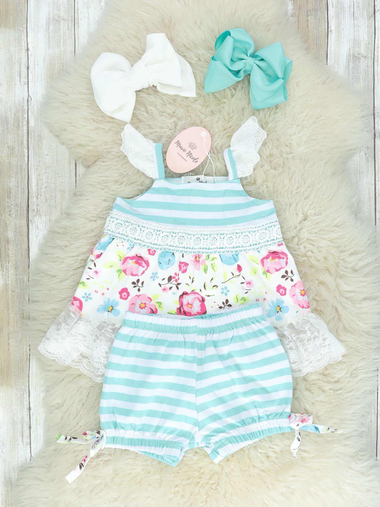 Blue Stripes, Florals, & Lace Shorts Outfit - Marie Nicole Clothing