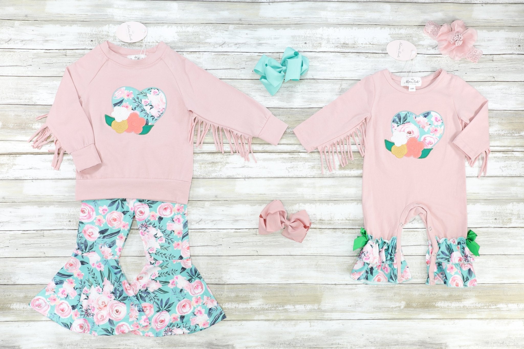 Mauve & Blue Roses Fringe Top & Bell Bottoms Outfit - Marie Nicole Clothing