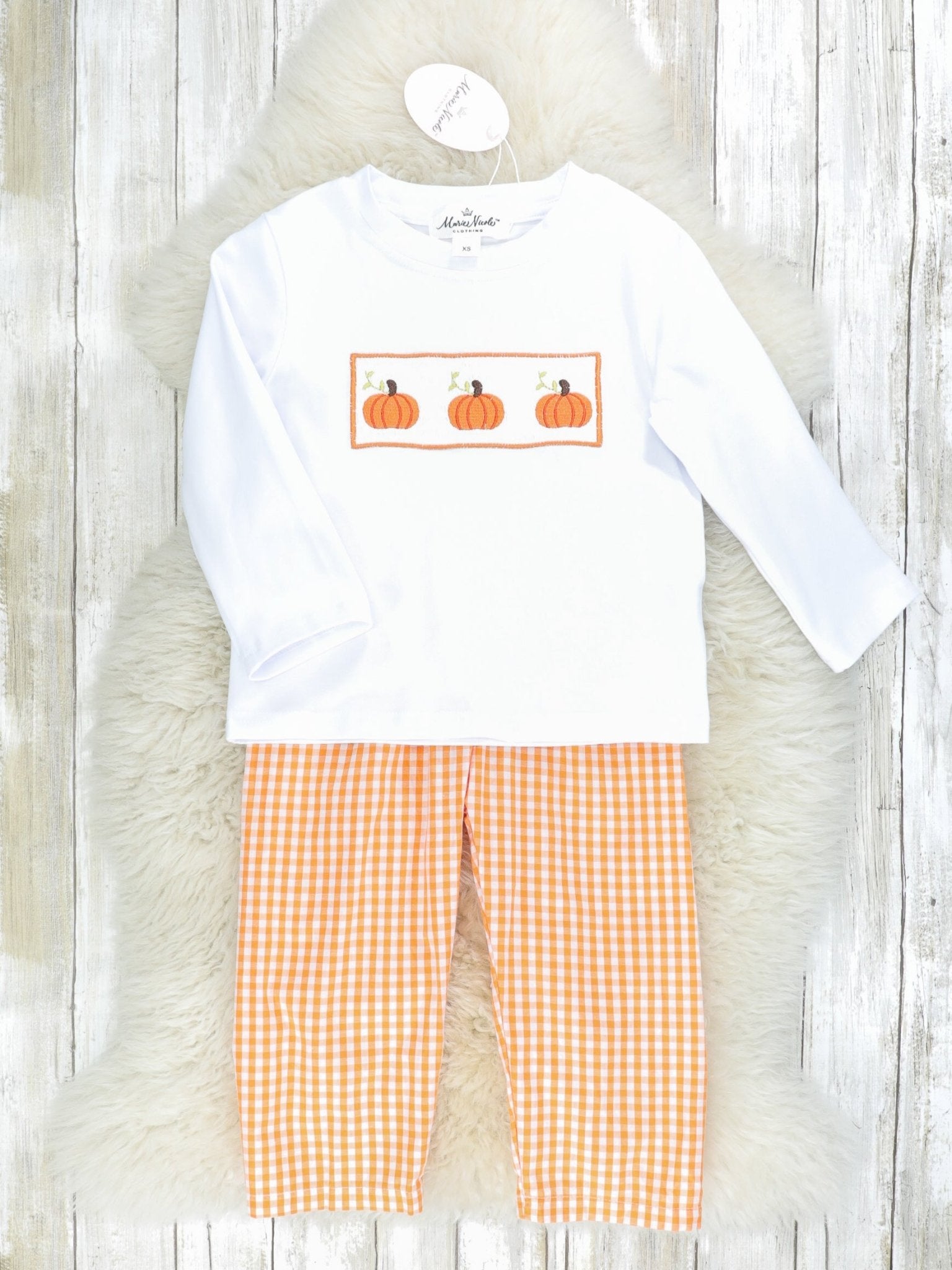 Orange Gingham Smocked Pumpkin Outfit - Marie Nicole Clothing
