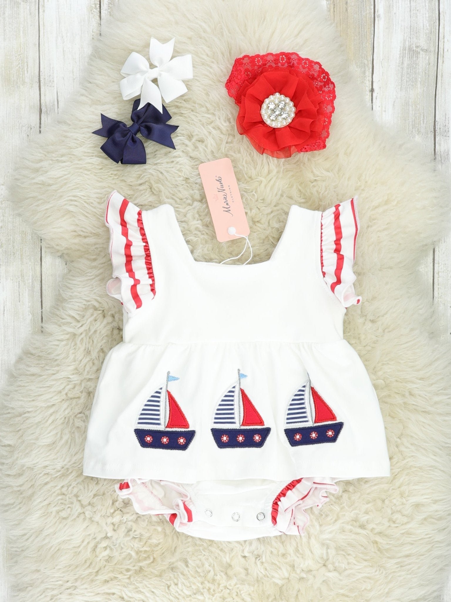 Red & Blue Sailboat Ruffle Bubble Romper - Marie Nicole Clothing
