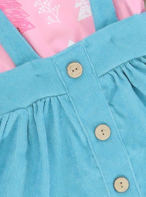Pink Christmas Tree Ruffle Top & Blue Suspender Skirt Set - Marie Nicole Clothing