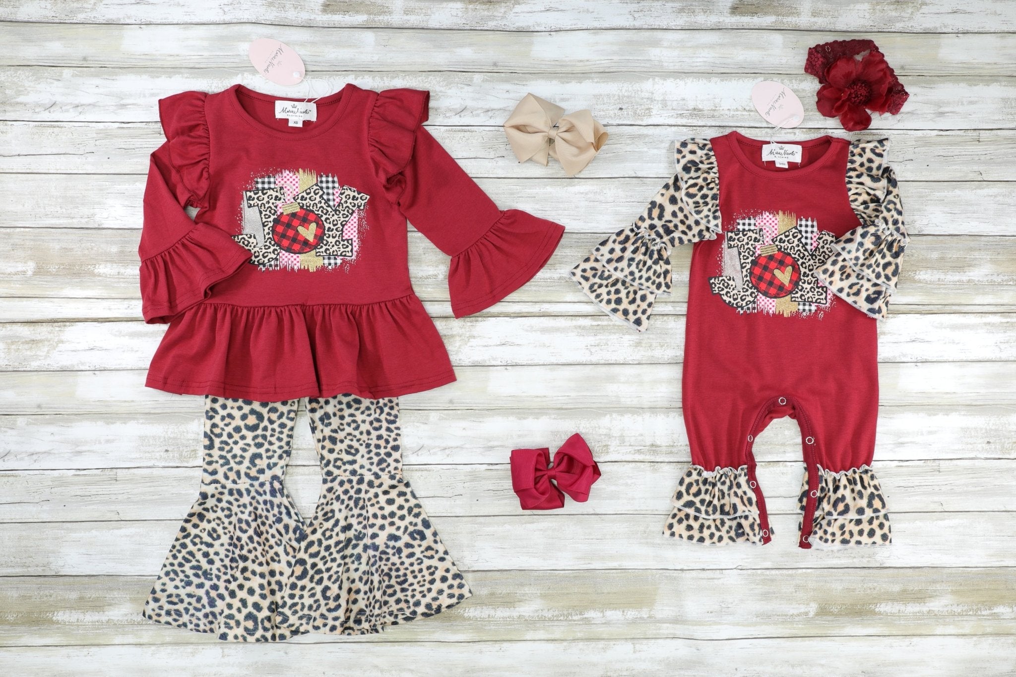Burgundy "Joy" Leopard Ruffle Outfit - Marie Nicole Clothing