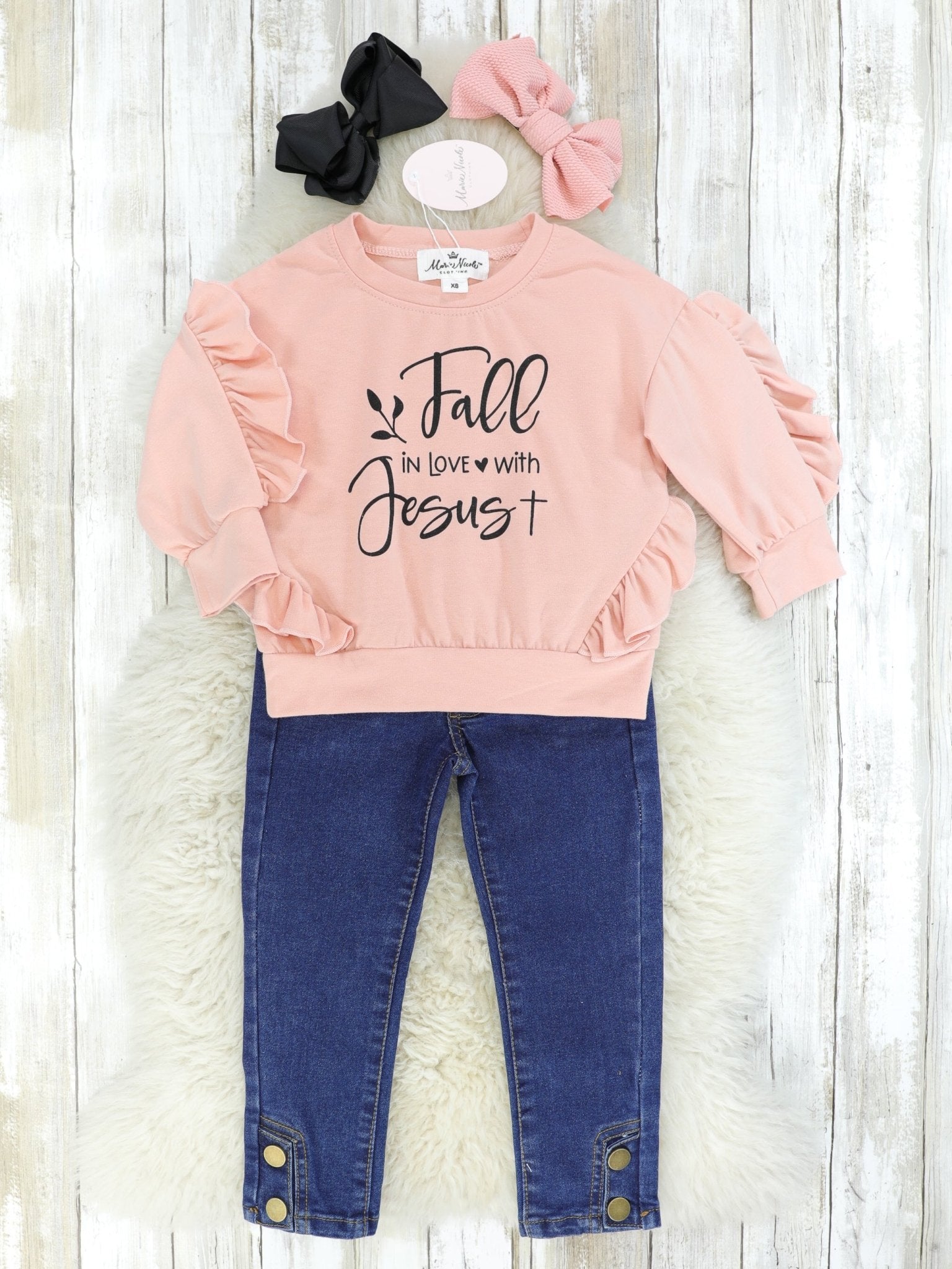 Peach Pink "Fall In Love With Jesus" Ruffle Top & Denim Outfit - Marie Nicole Clothing