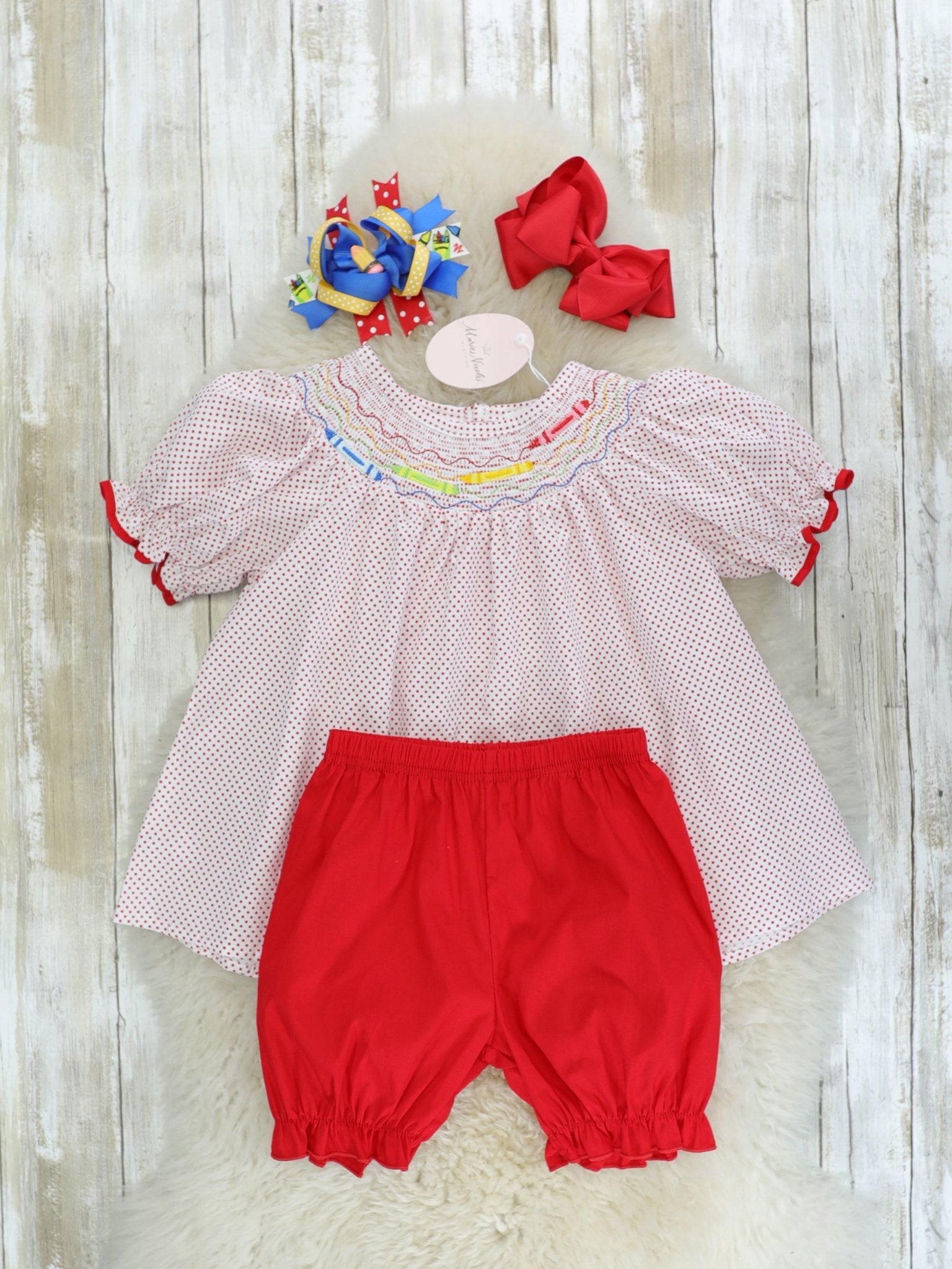 Red Polka Dotted Crayon Smocked Outfit - Marie Nicole Clothing