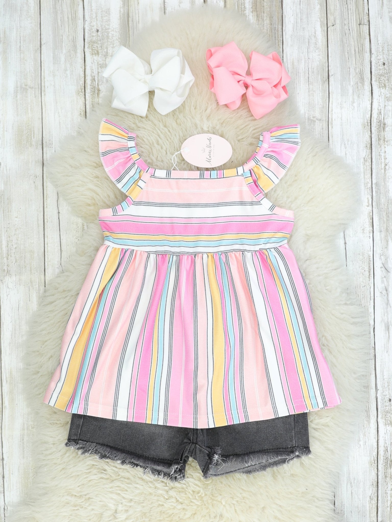 Pink Striped Top & Denim Shorts Outfit - Marie Nicole Clothing