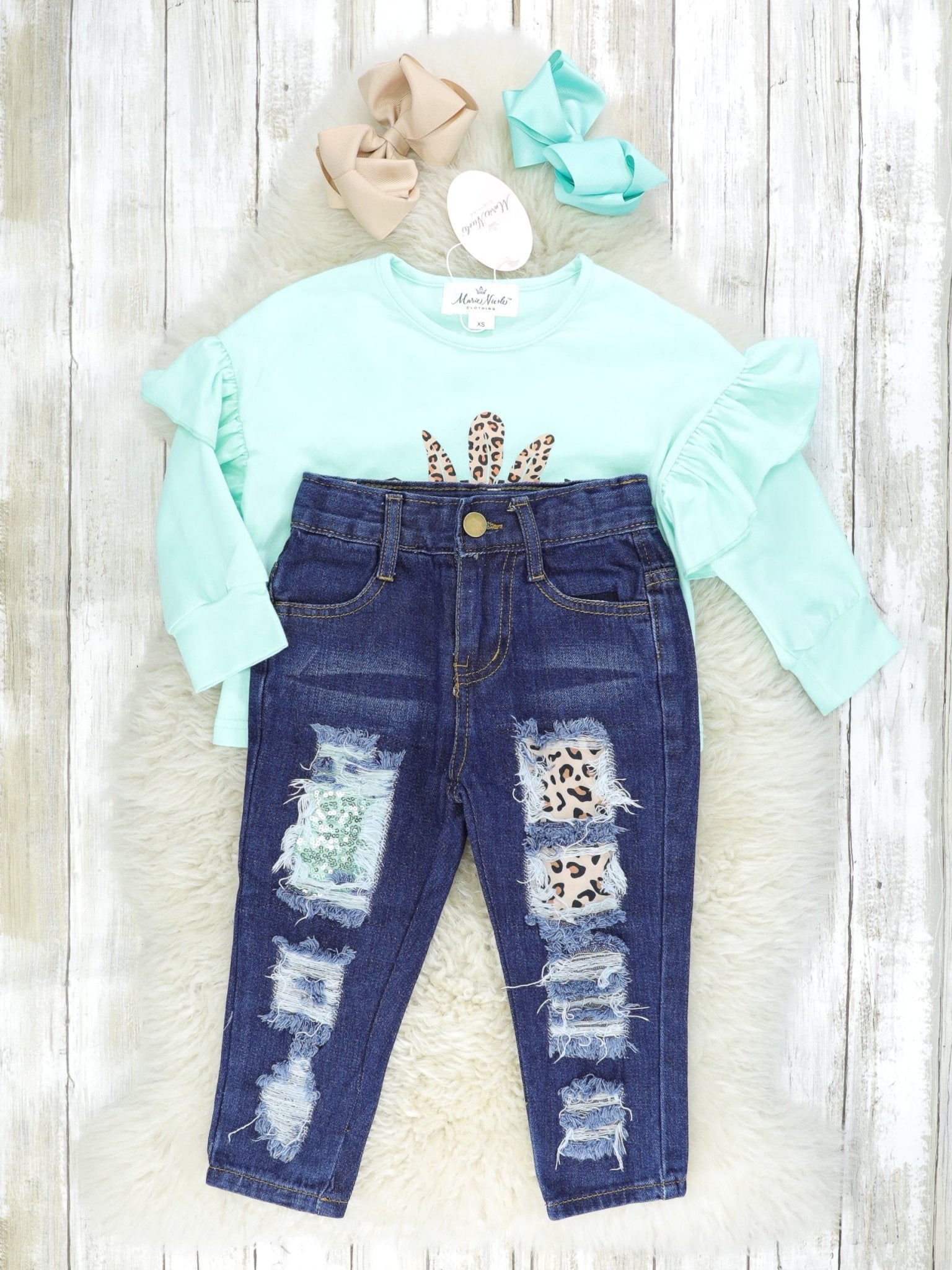 "Stay Wild" Leopard Ruffle Top & Distressed Sequin Denim Outfit - Marie Nicole Clothing