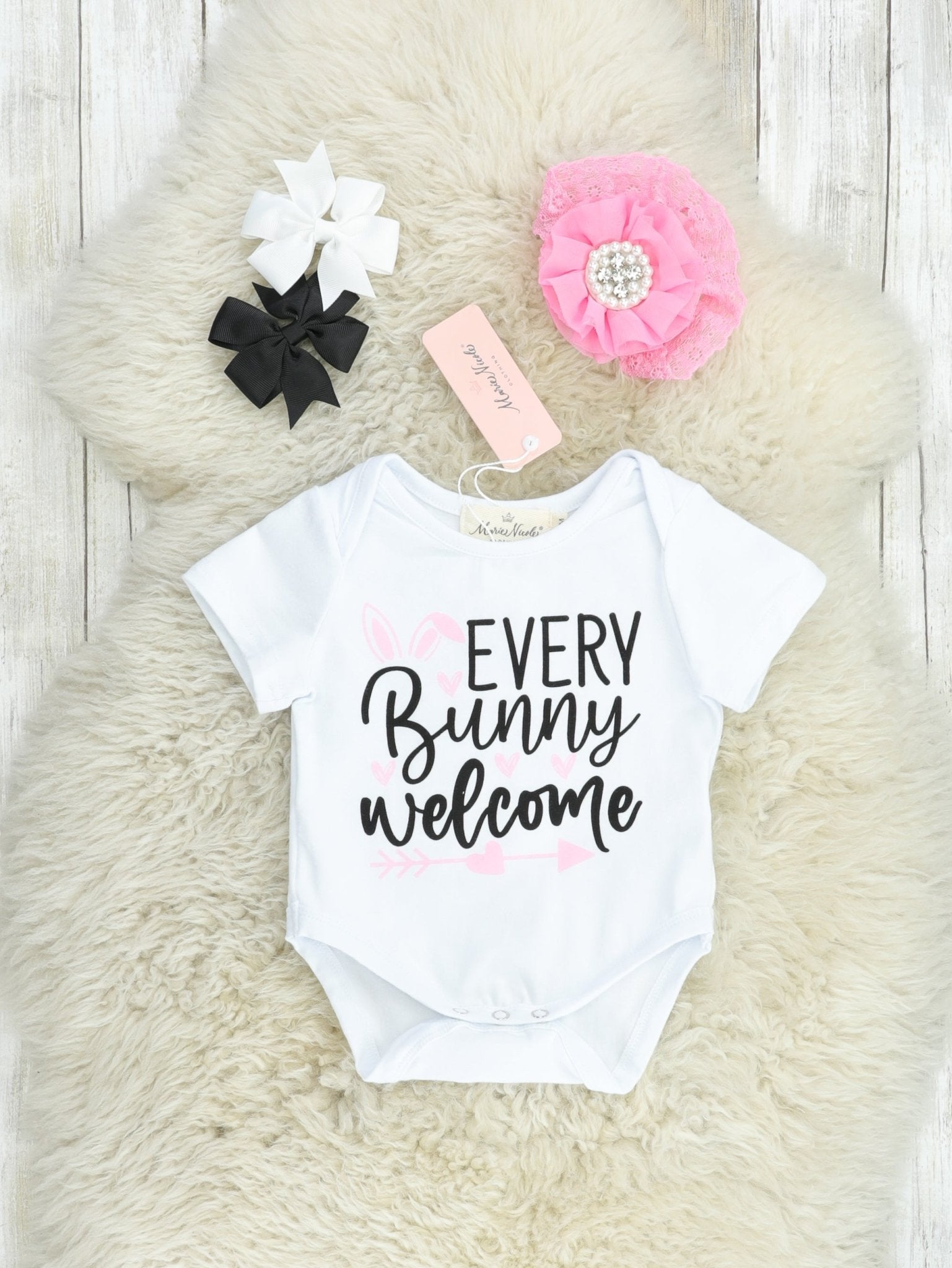 "Every Bunny Welcome" Onesie & Overall Bloomers Set - Marie Nicole Clothing