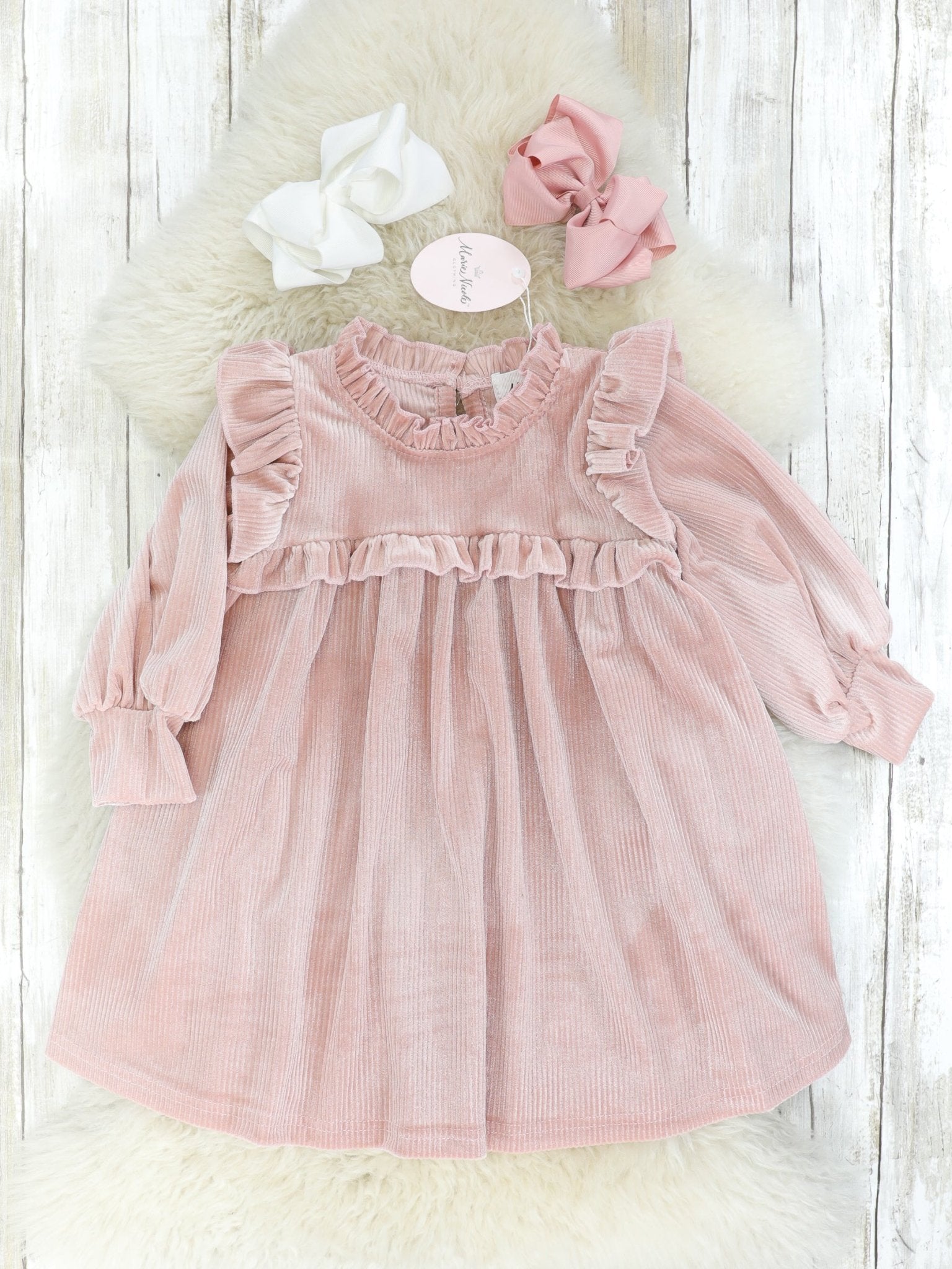 Ribbed Mauve Velvet Ruffle Dress - Marie Nicole Clothing