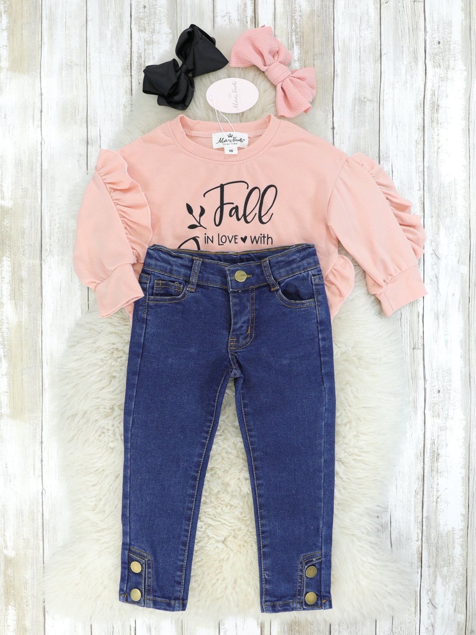 Peach Pink "Fall In Love With Jesus" Ruffle Top & Denim Outfit - Marie Nicole Clothing