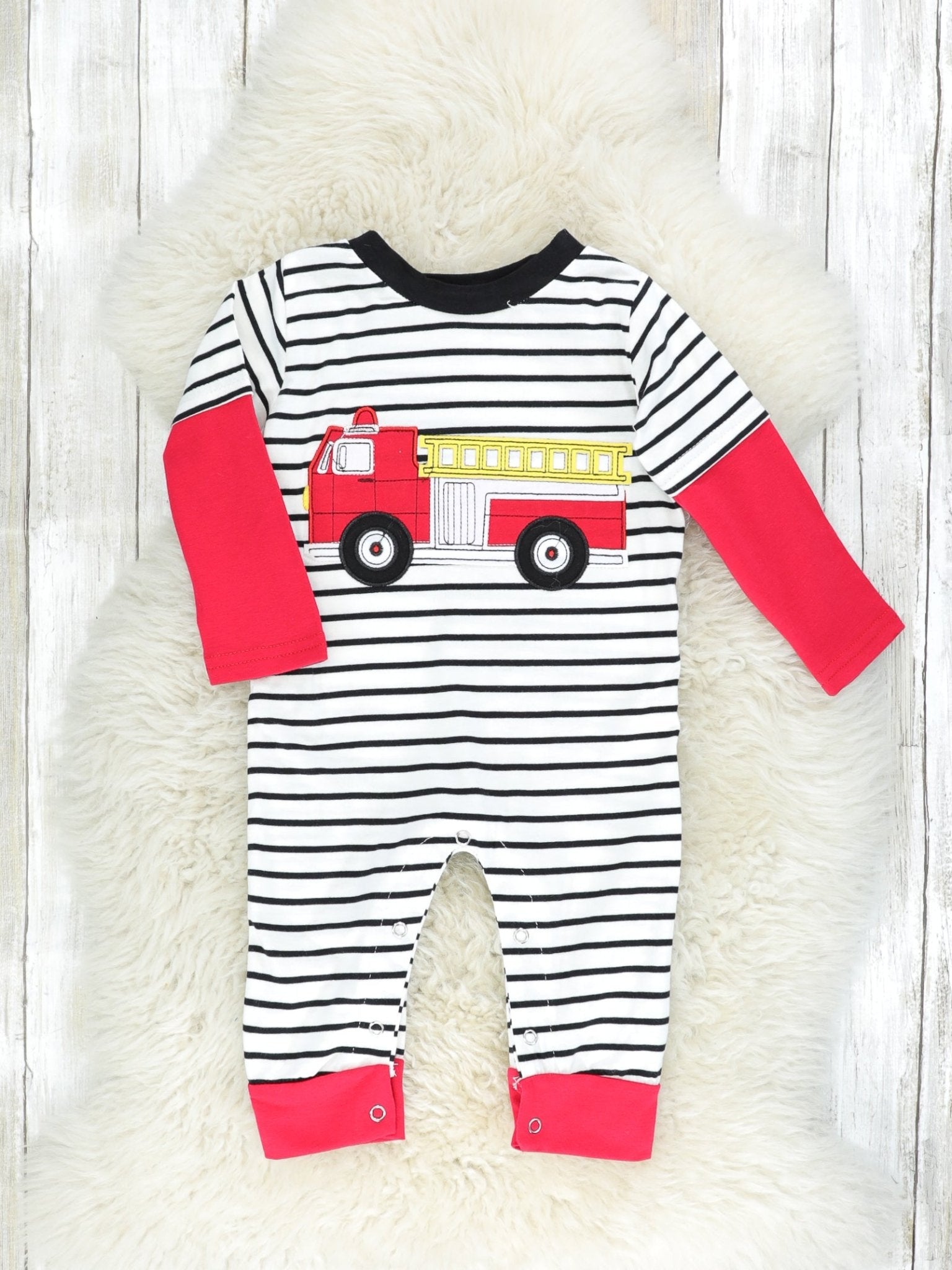 Red Striped Firetruck Layered Romper - Marie Nicole Clothing