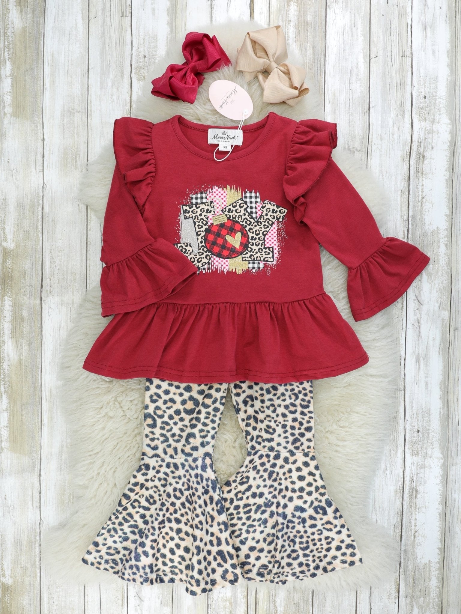 Burgundy "Joy" Leopard Ruffle Outfit - Marie Nicole Clothing