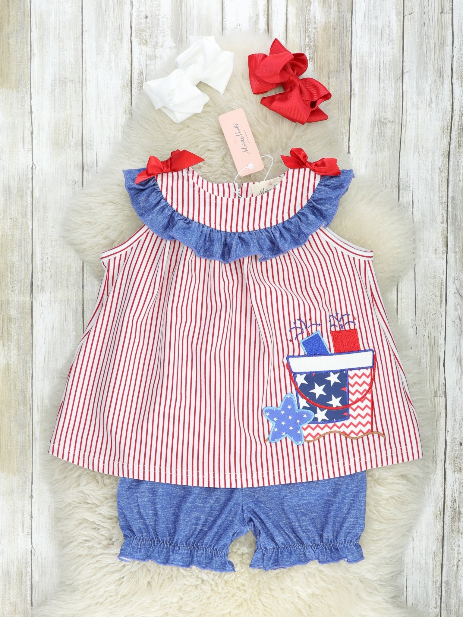 Patriotic Pinstripe Beach Bucket Ruffle Outfit - Marie Nicole Clothing