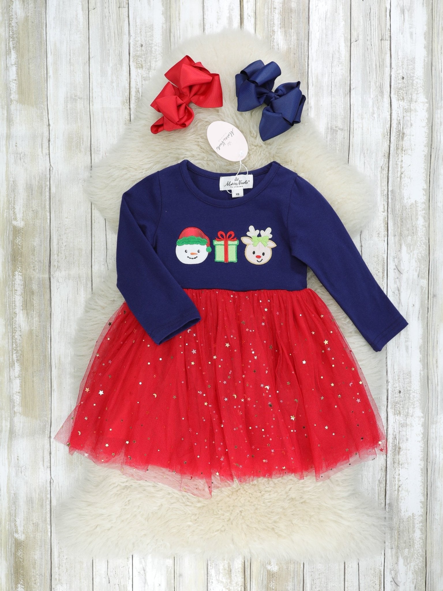 Navy & Red Sparkly Christmas Tulle Dress - Marie Nicole Clothing