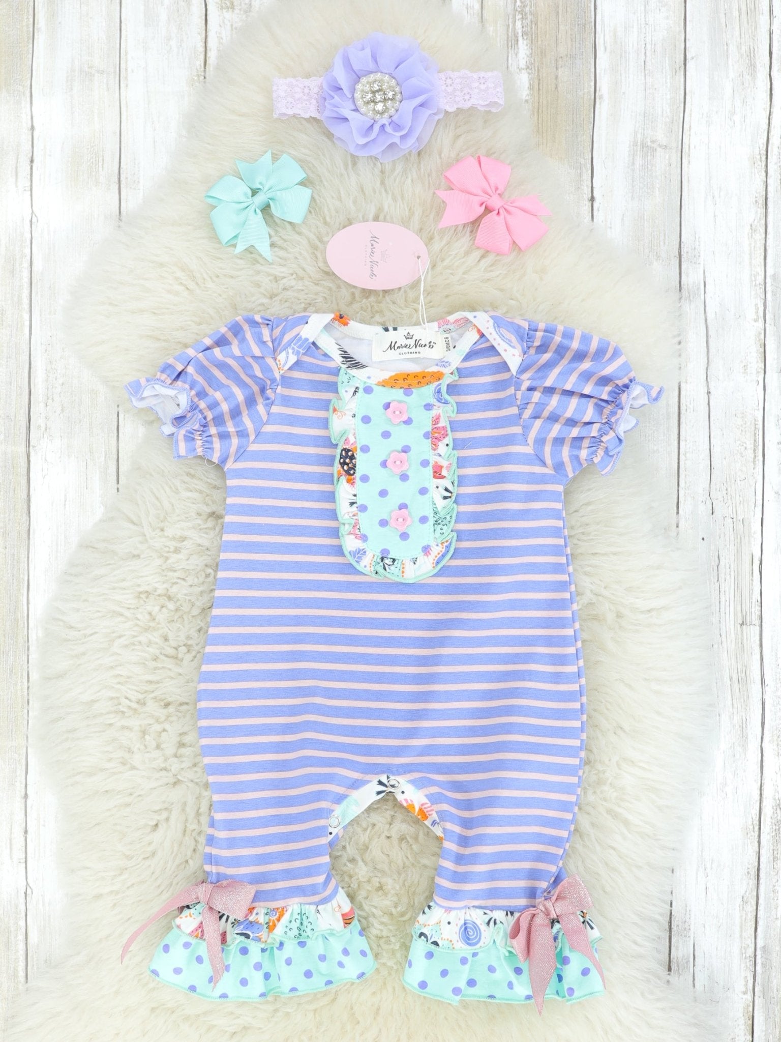 Purple Striped Ruffle Romper - Marie Nicole Clothing
