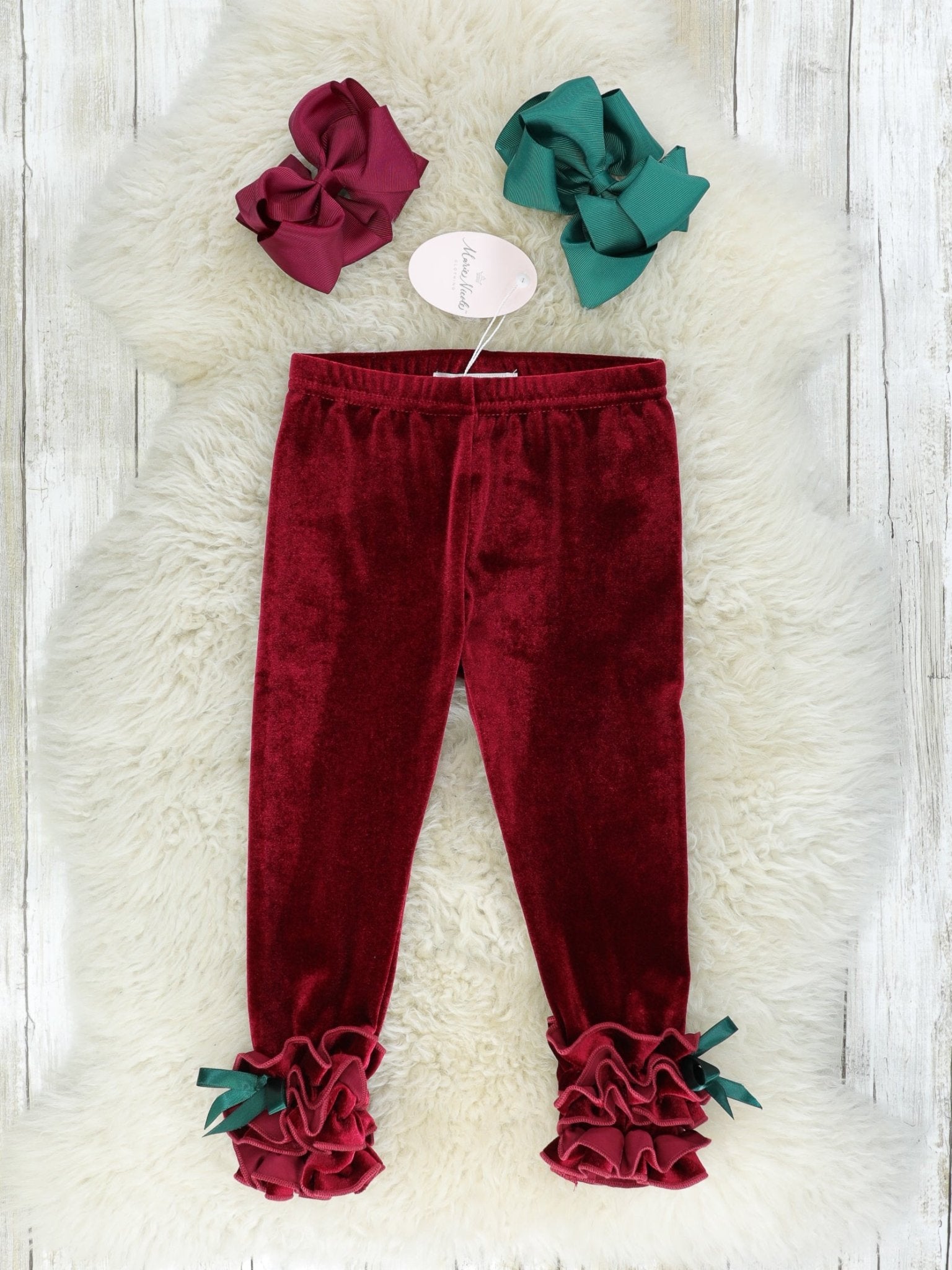 Crimson Red Velvet Ruffle Leggings - Marie Nicole Clothing