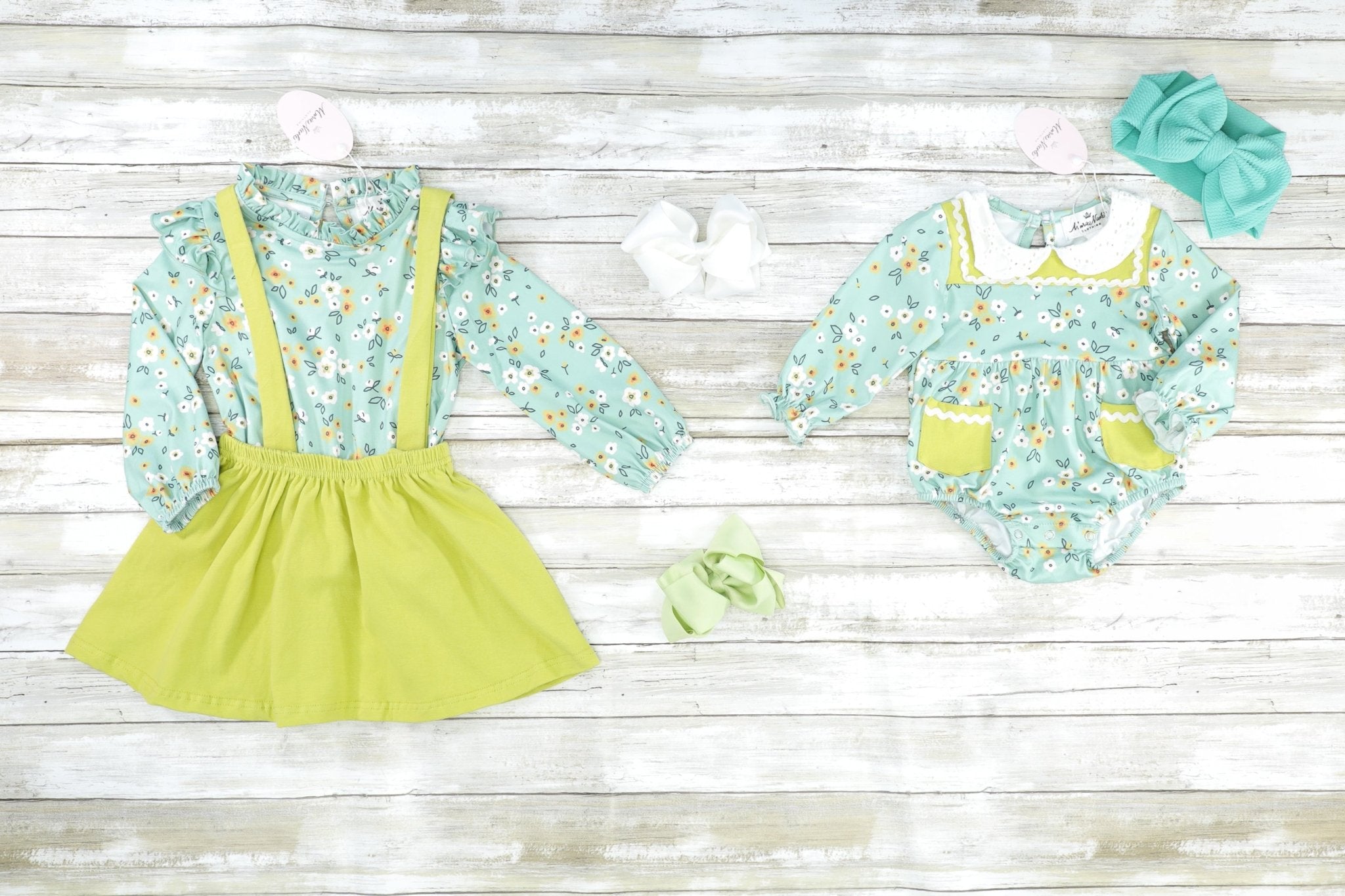 Sea Foam Green Floral Vintage Top & Suspender Skirt Set - Marie Nicole Clothing