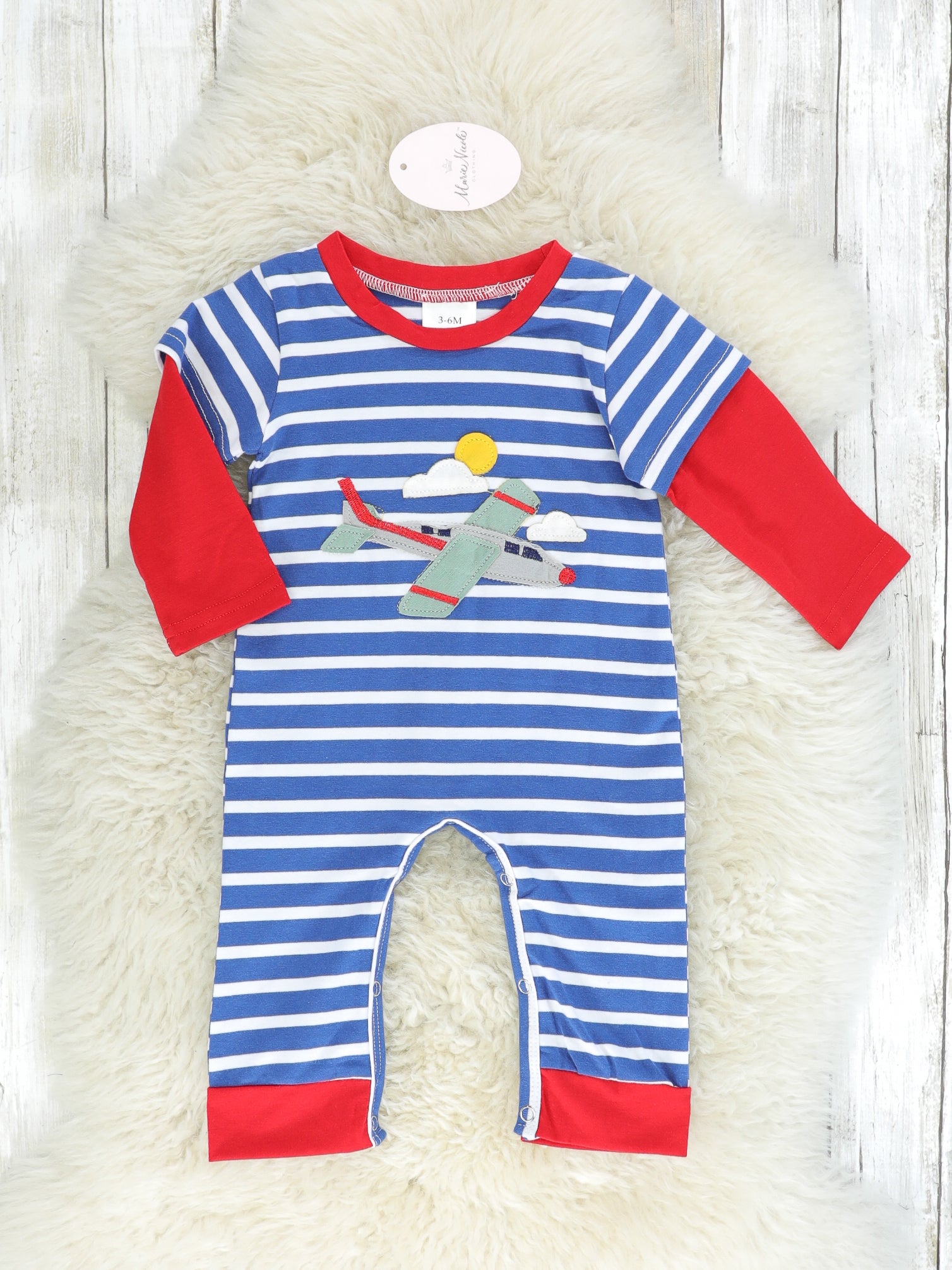 Striped Airplane Long Sleeve Romper - Marie Nicole Clothing