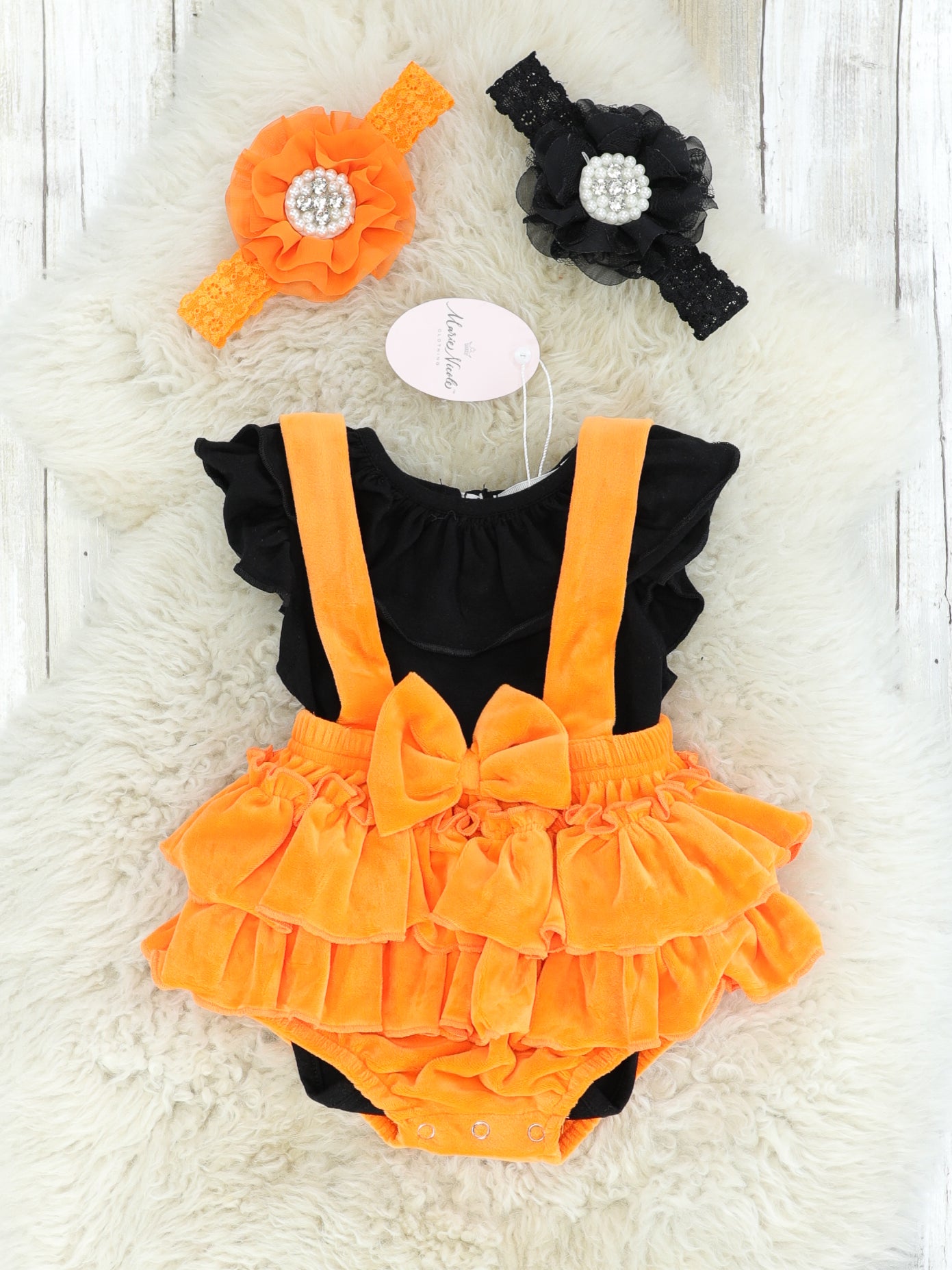 Black Ruffle Top & Orange Velvet Ruffle Overall Set - Marie Nicole Clothing