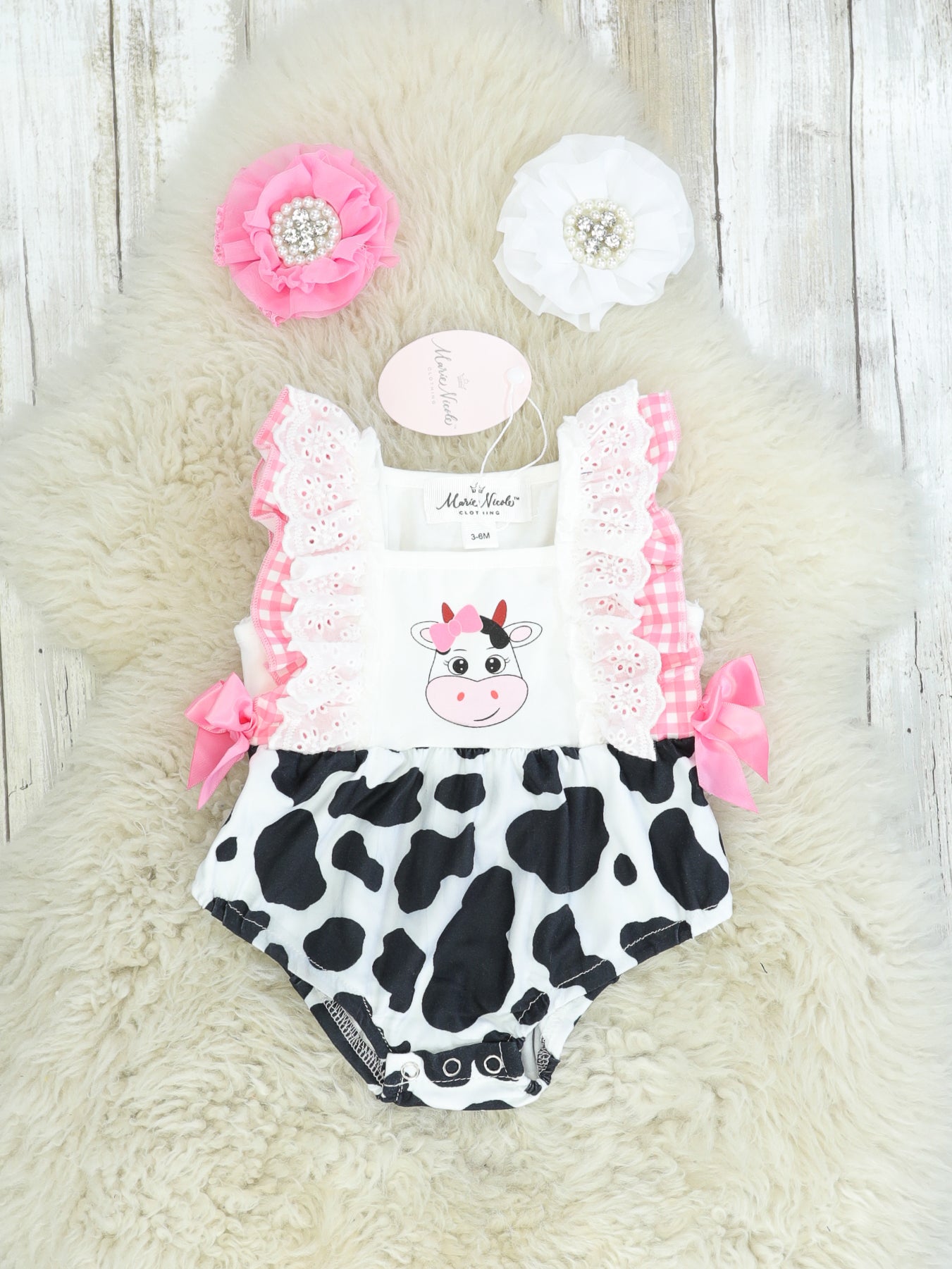 Pink Check Cow Ruffle Bubble Romper - Marie Nicole Clothing