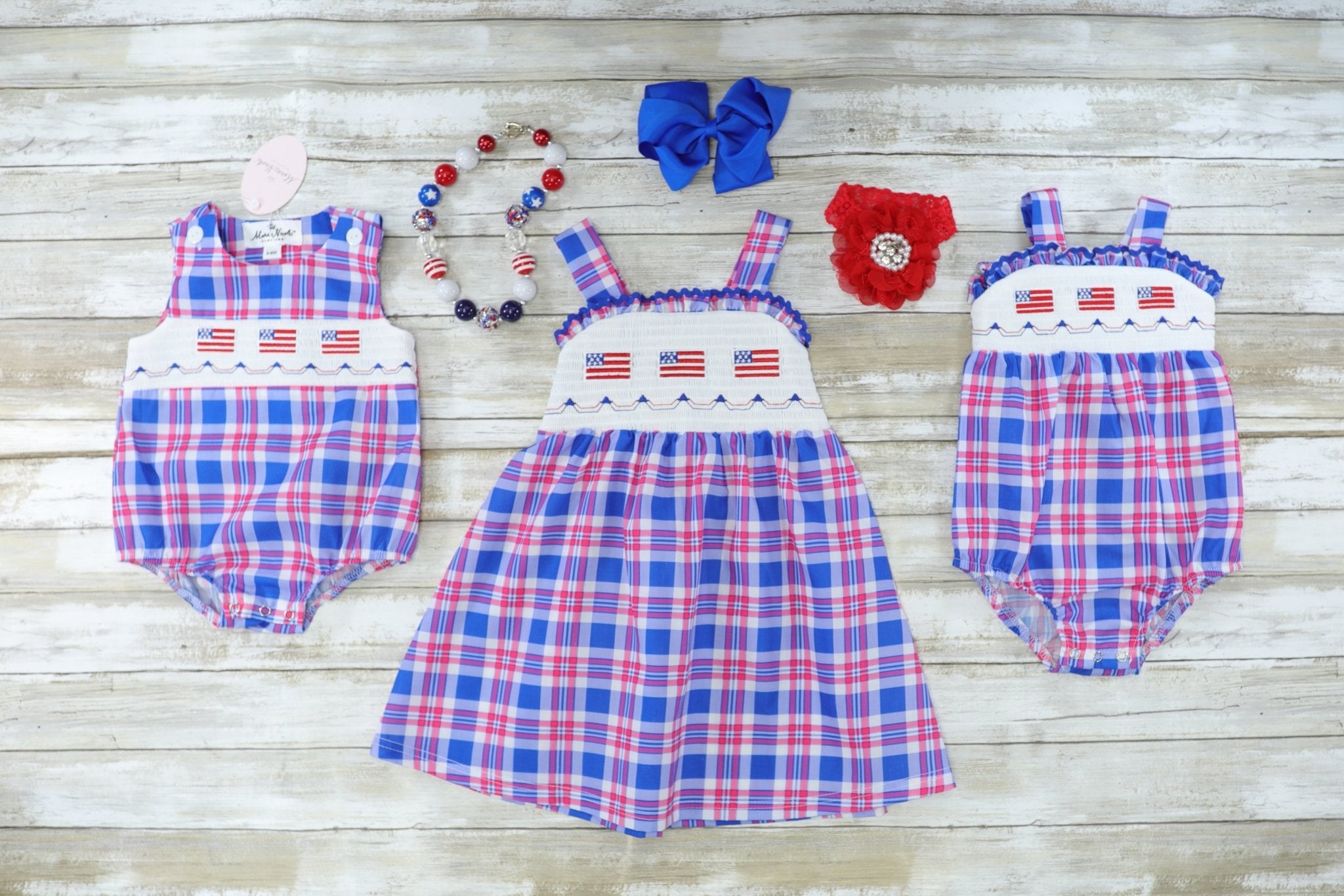 Flag Smocked Plaid Ruffle Dress - Marie Nicole Clothing