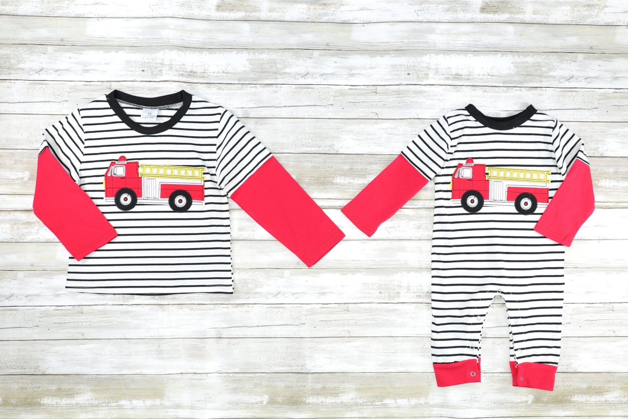 Red Striped Firetruck Layered Romper - Marie Nicole Clothing