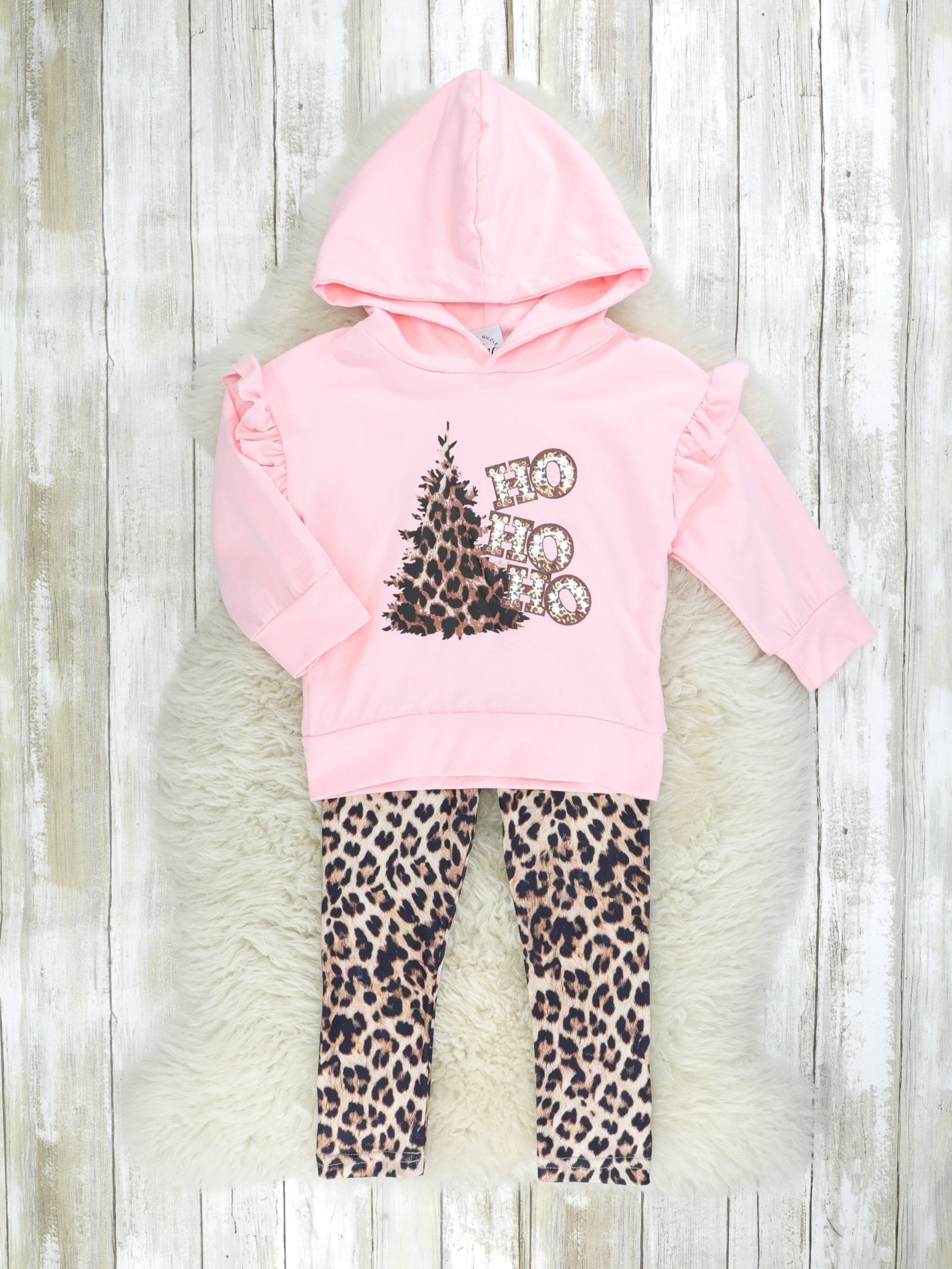 Pink "HO HO HO" Leopard Hoodie Outfit - Marie Nicole Clothing