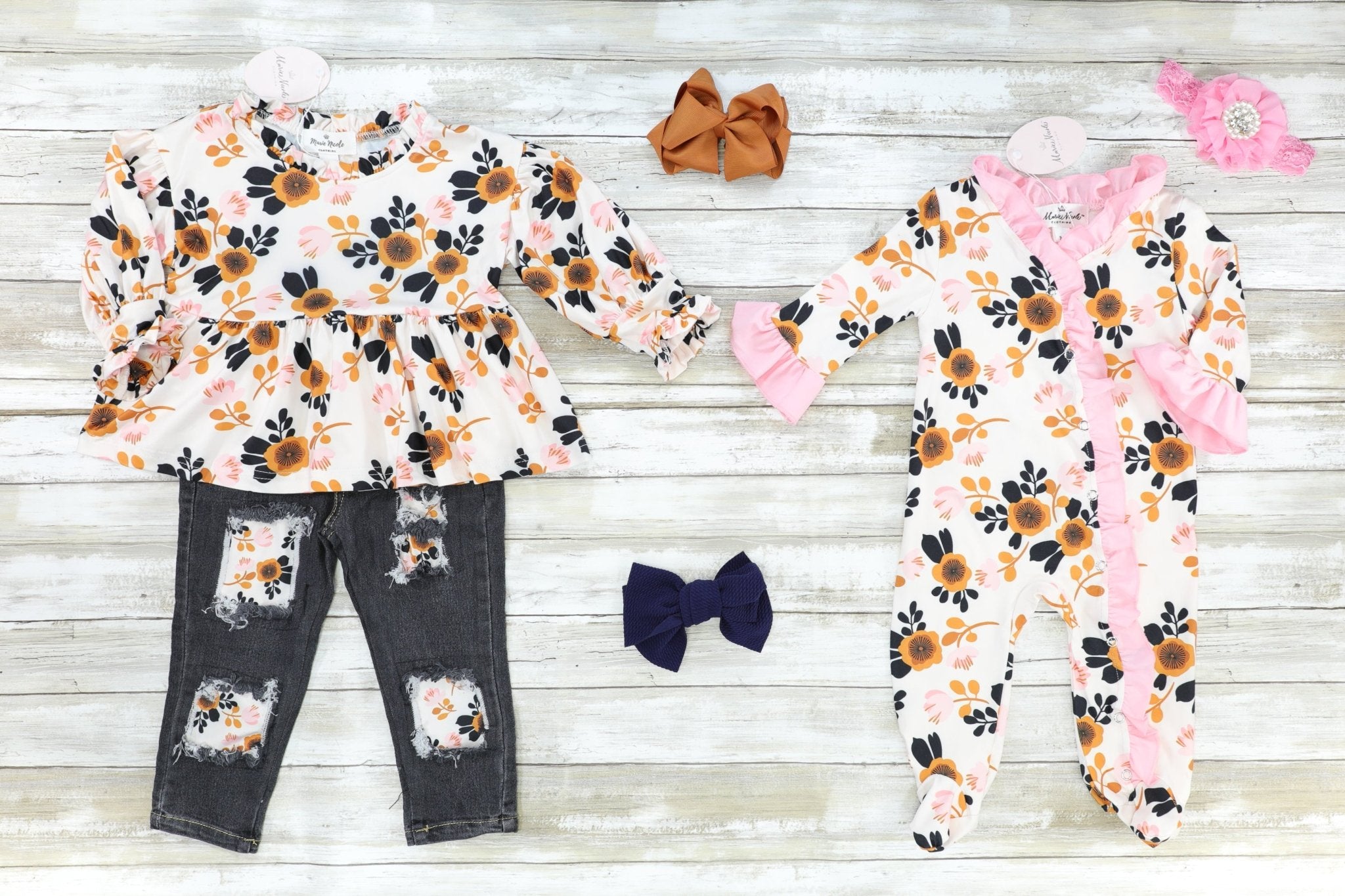 Orange Floral Footie Romper - Marie Nicole Clothing
