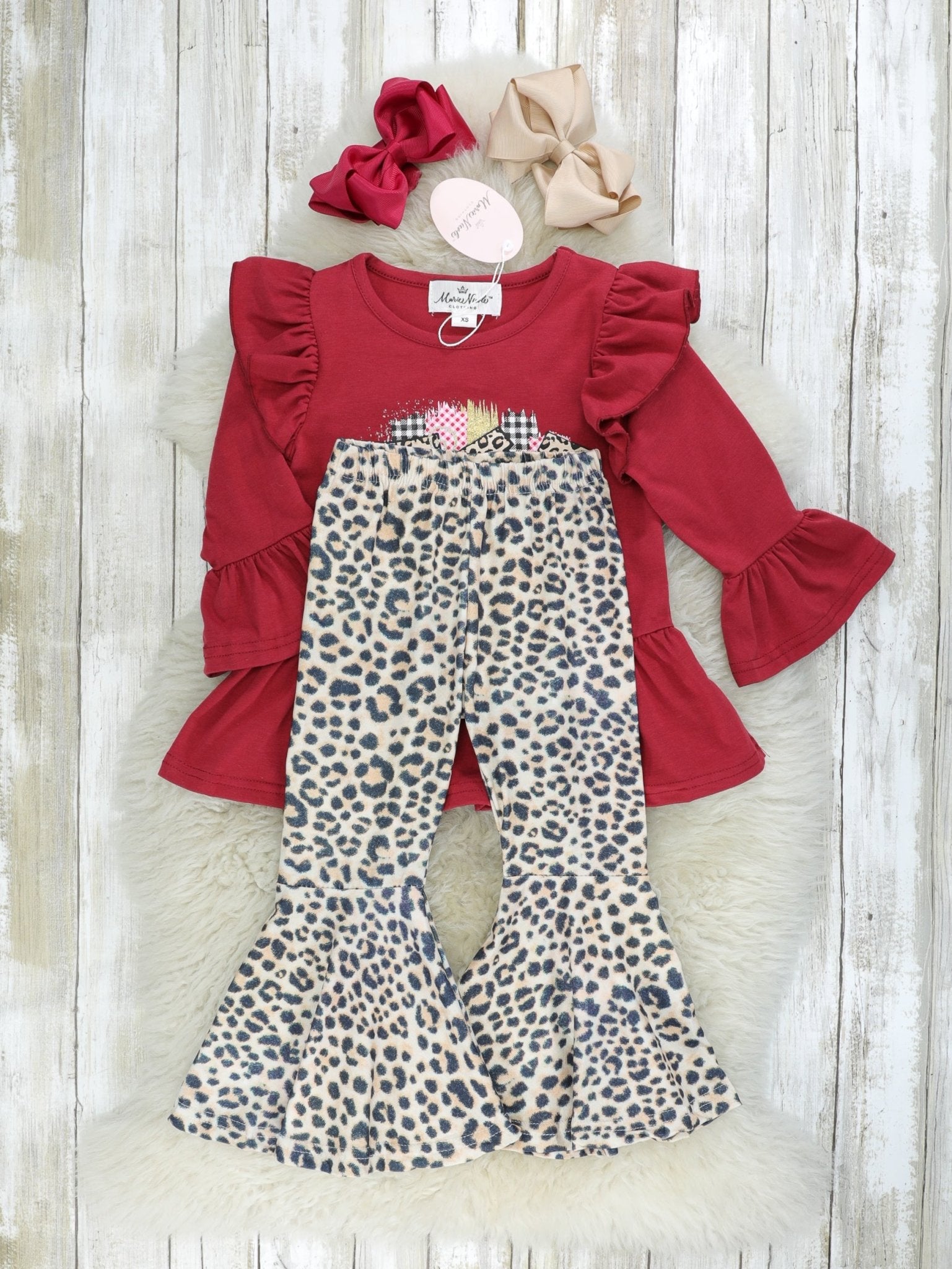 Burgundy "Joy" Leopard Ruffle Outfit - Marie Nicole Clothing
