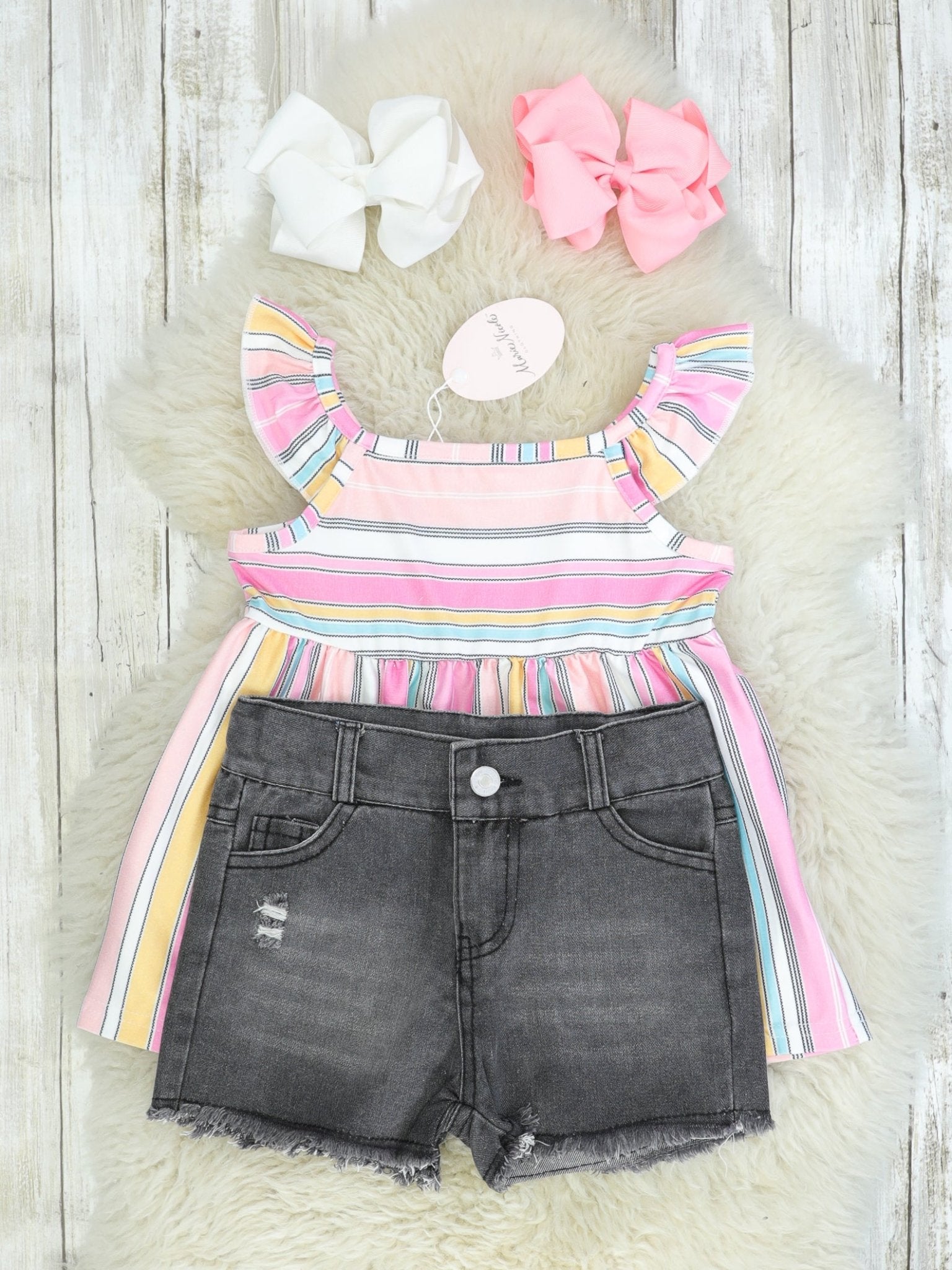 Pink Striped Top & Denim Shorts Outfit - Marie Nicole Clothing