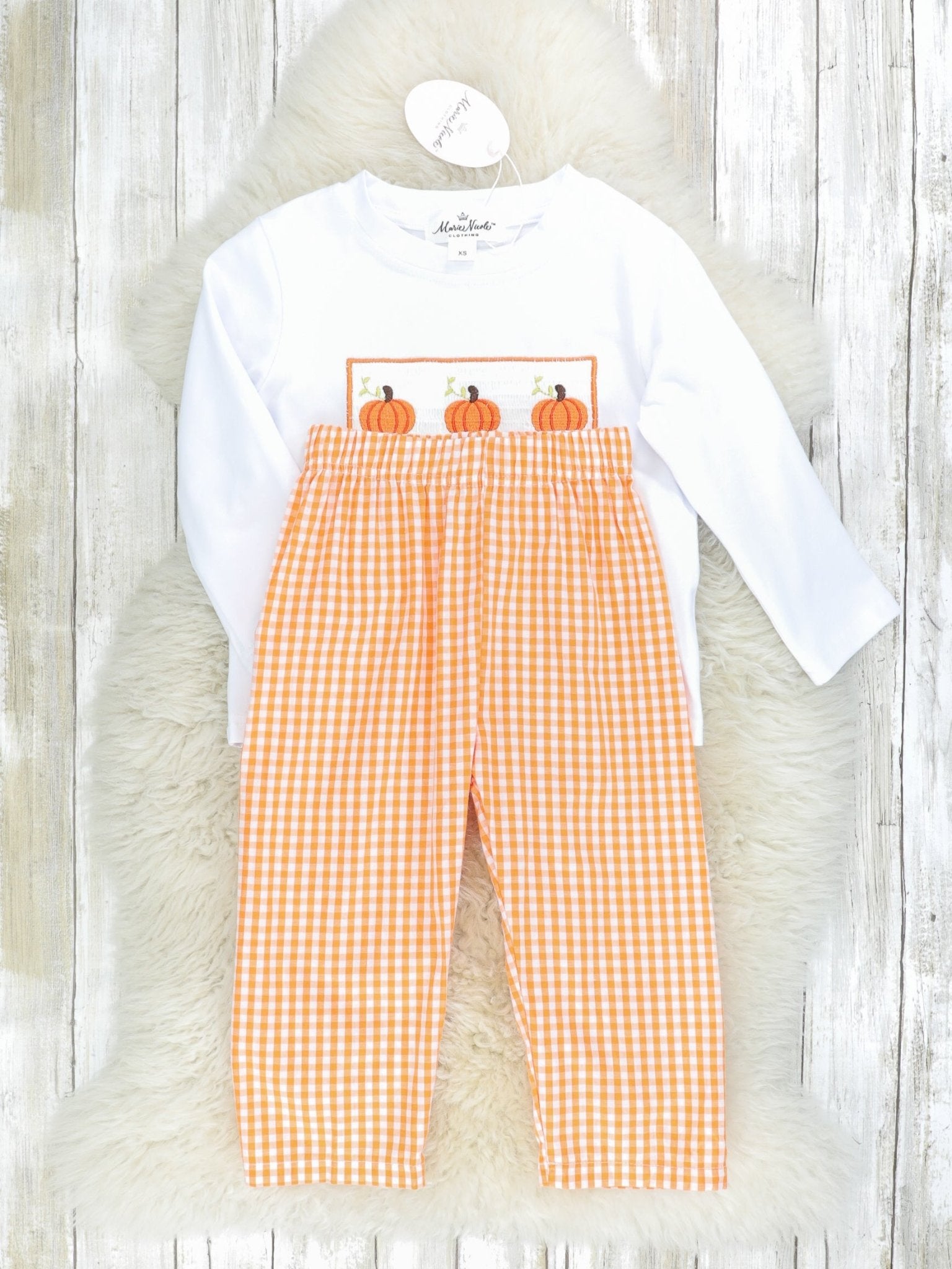 Orange Gingham Smocked Pumpkin Outfit - Marie Nicole Clothing