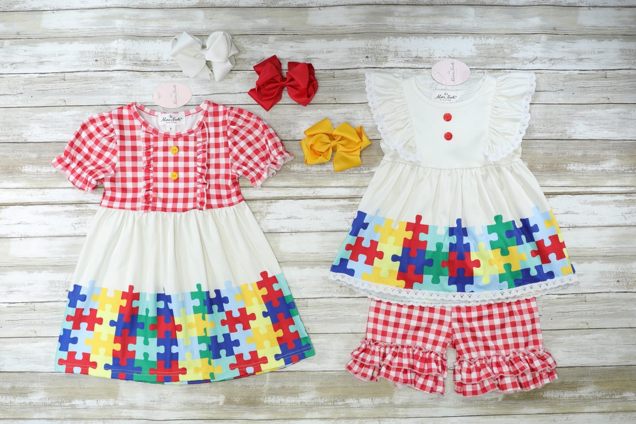 Puzzle Pieces Ruffle Dress - Marie Nicole Clothing