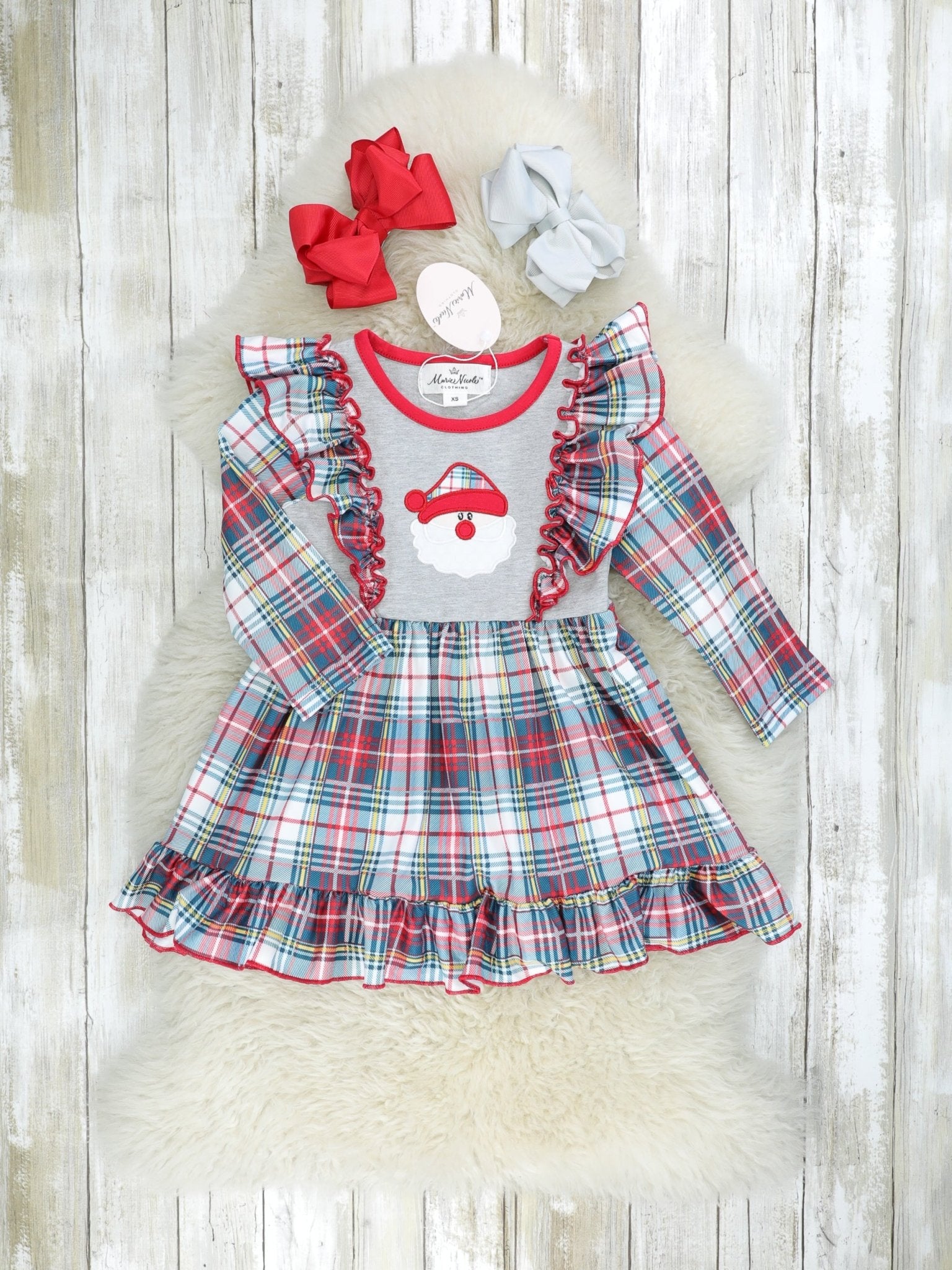 Blue Plaid Santa Ruffle Dress - Marie Nicole Clothing