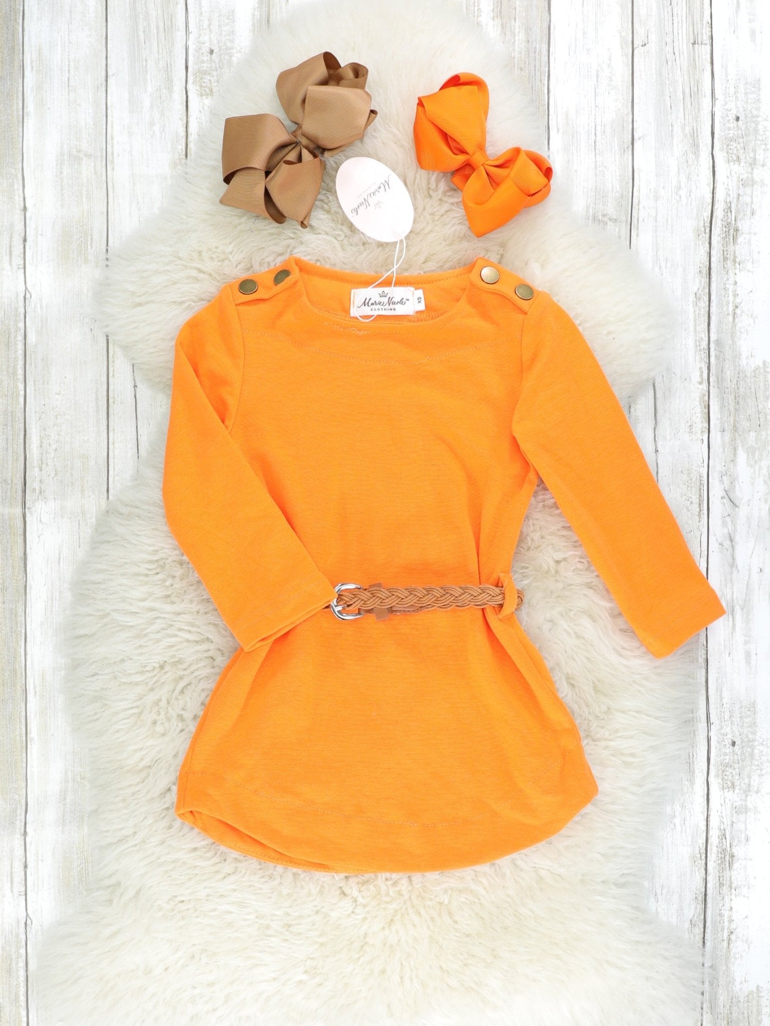 Mom & Me Tangerine Button Dress W/ Braided Belt - Marie Nicole Clothing