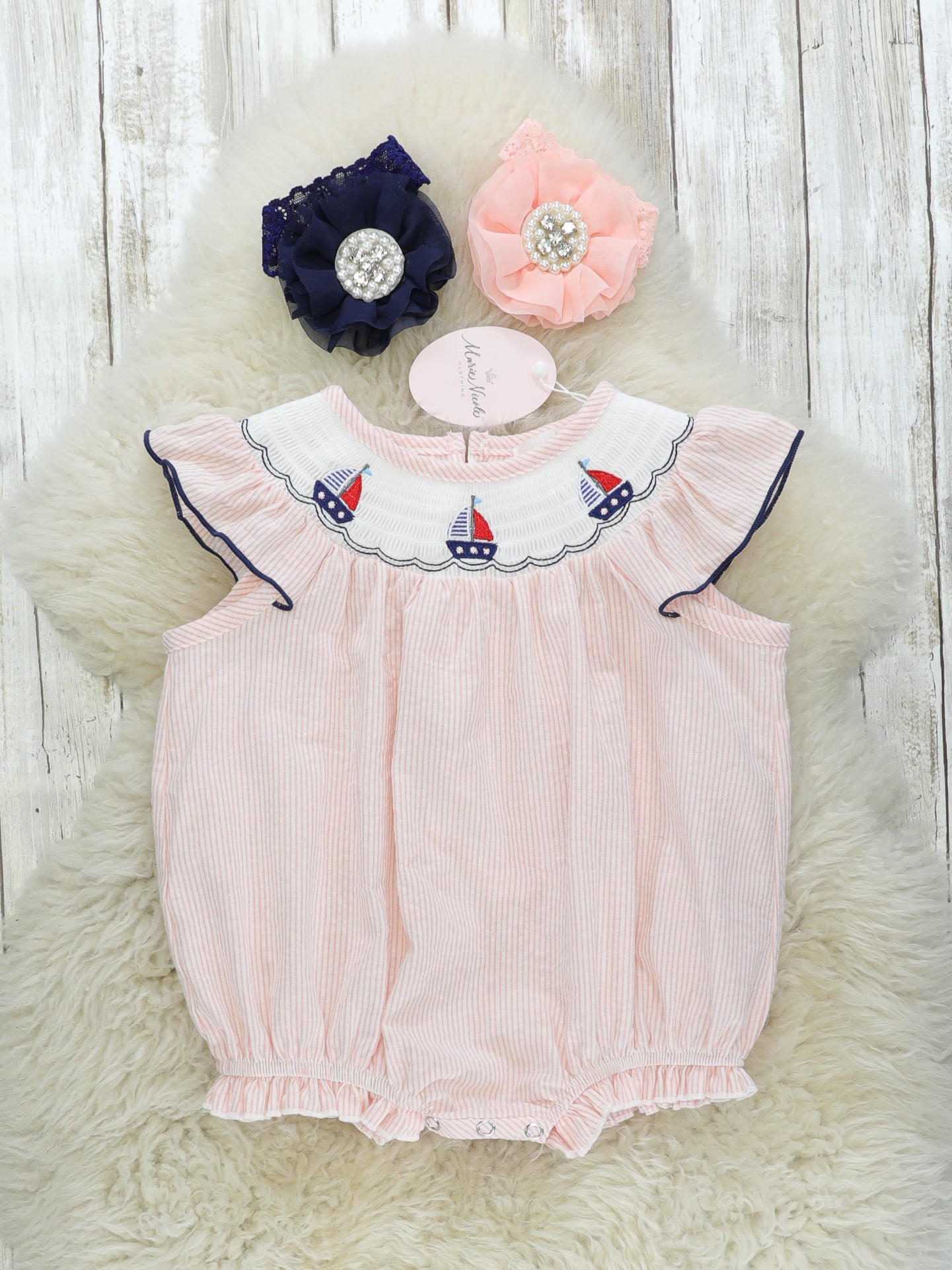 Coral Sailboat Smocked Romper - Marie Nicole Clothing