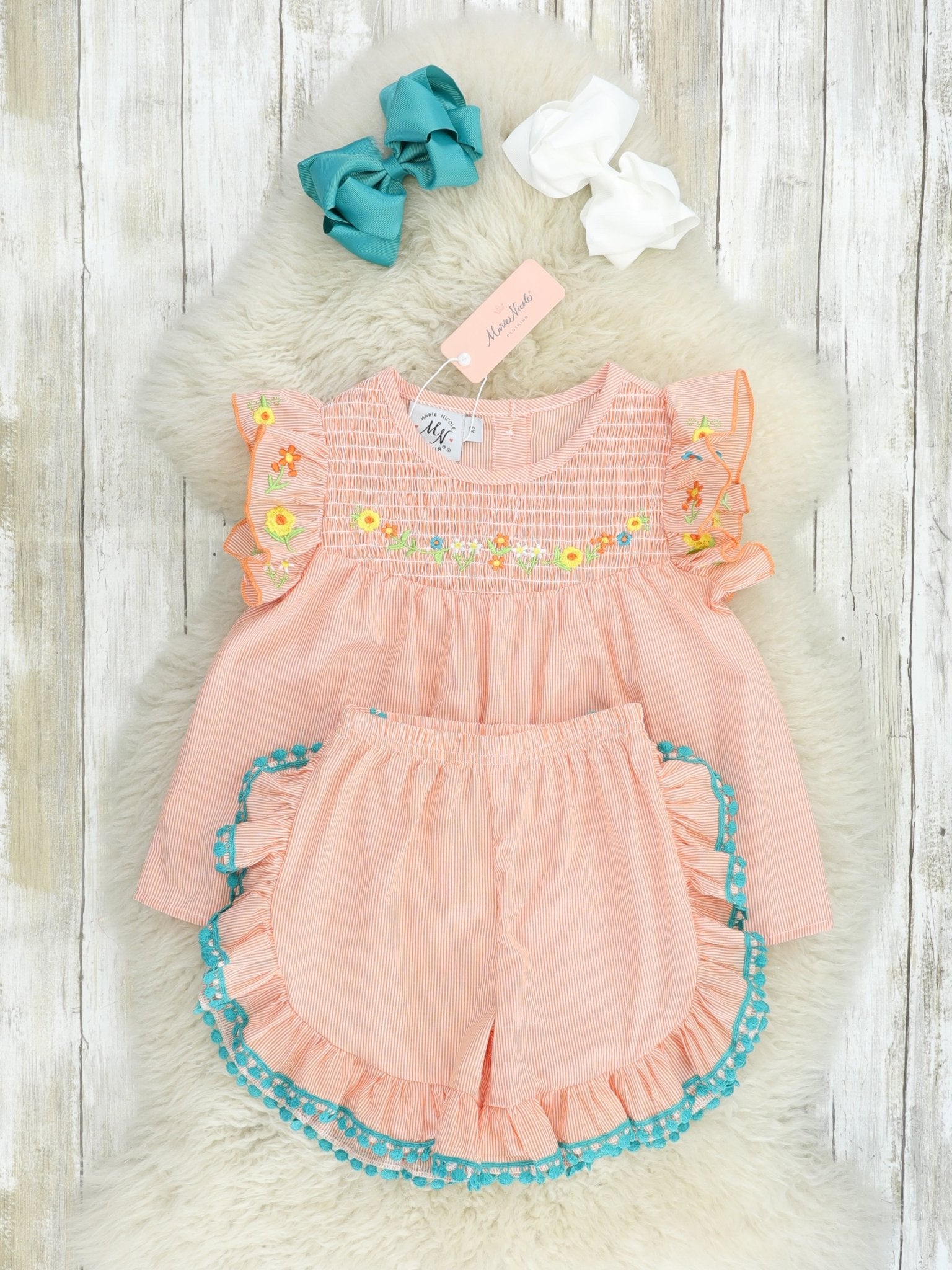 Light Orange Smocked Floral Ruffle Outfit - Marie Nicole Clothing