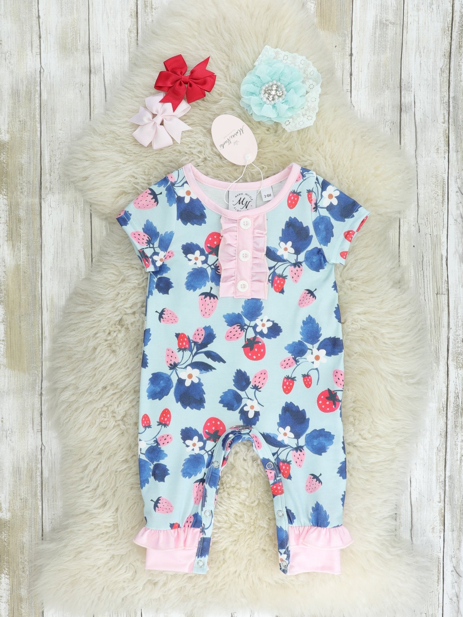 Blue Strawberry Ruffle Romper - Marie Nicole Clothing