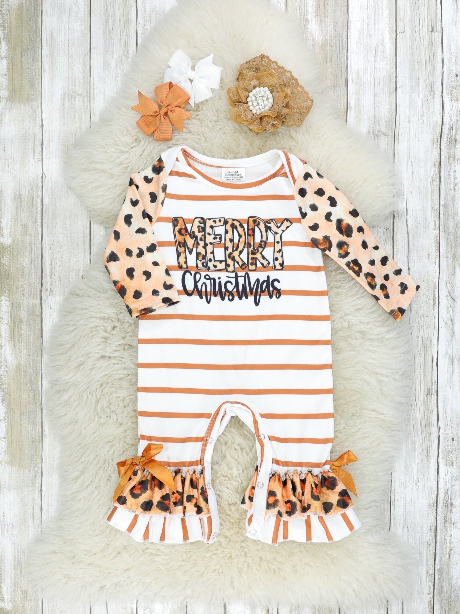 Leopard "Merry Christmas" Ruffle Romper - Marie Nicole Clothing