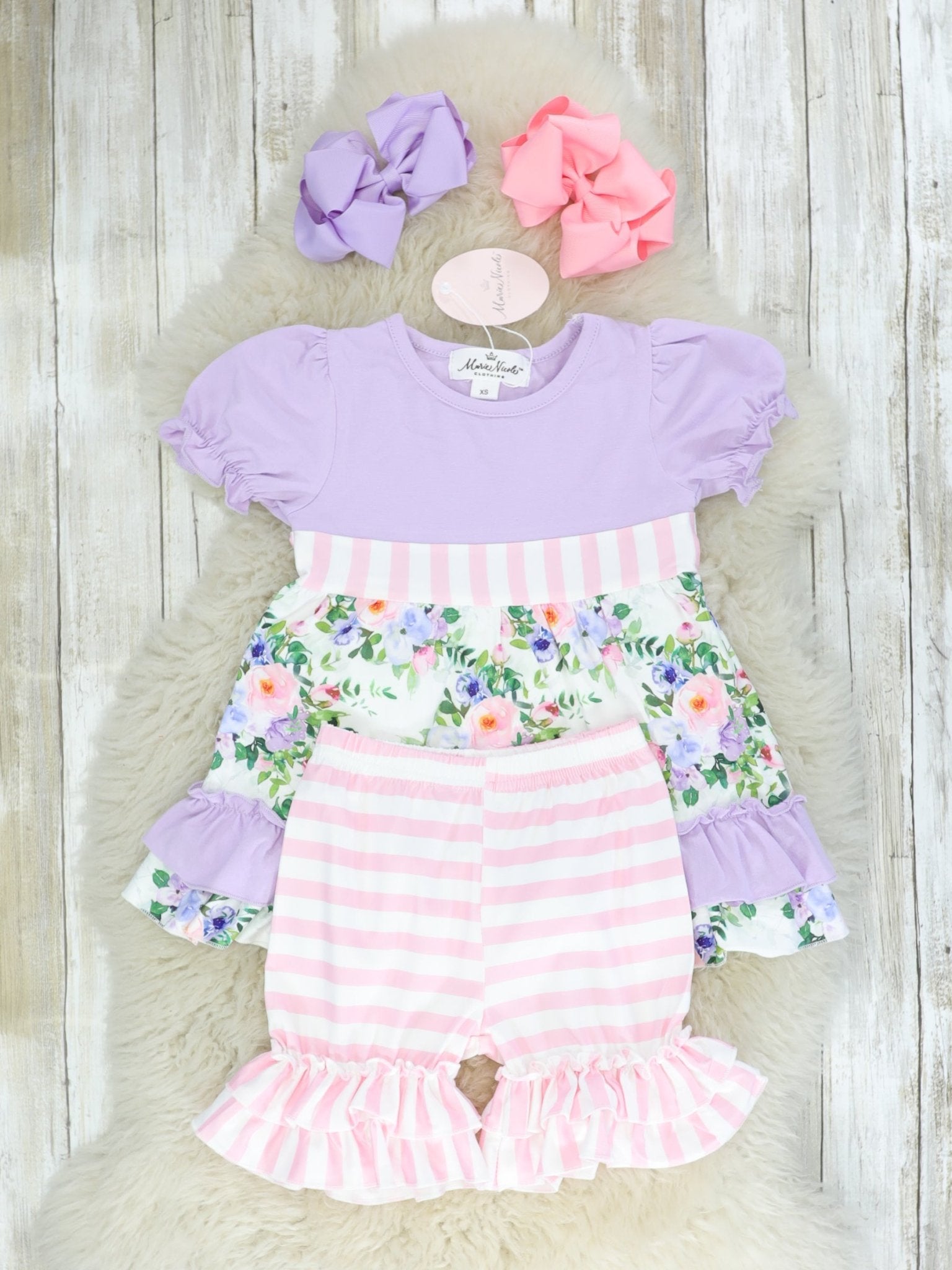 Purple Floral & Pink Striped Ruffle Outfit - Marie Nicole Clothing
