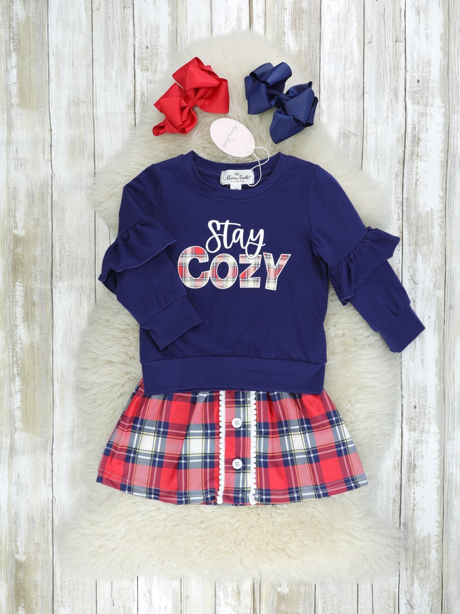 Navy & Red "Stay Cozy" Plaid Ruffle Skirt Outfit - Marie Nicole Clothing