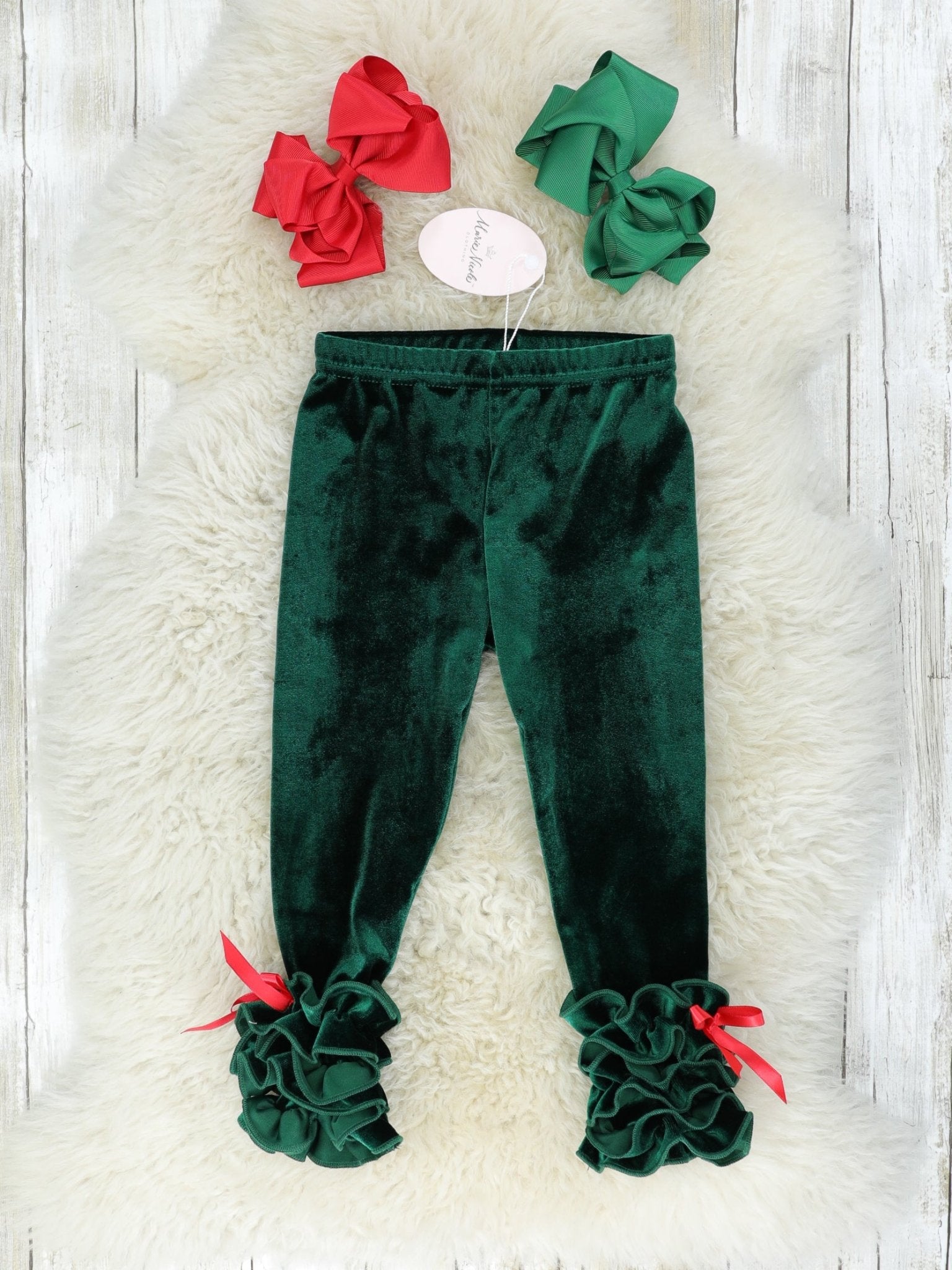 Pine Green Velvet Ruffle Leggings - Marie Nicole Clothing