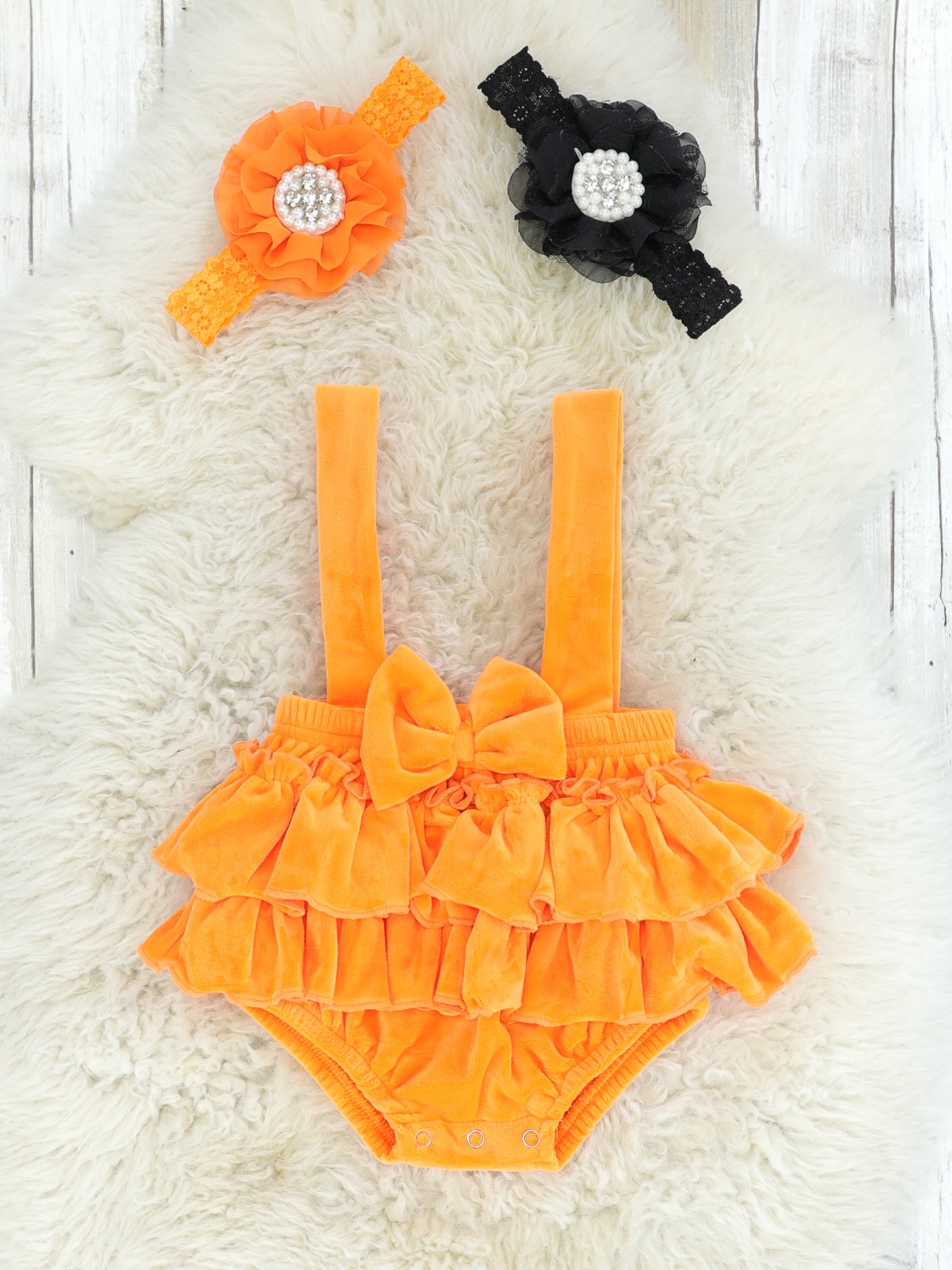 Black Ruffle Top & Orange Velvet Ruffle Overall Set - Marie Nicole Clothing