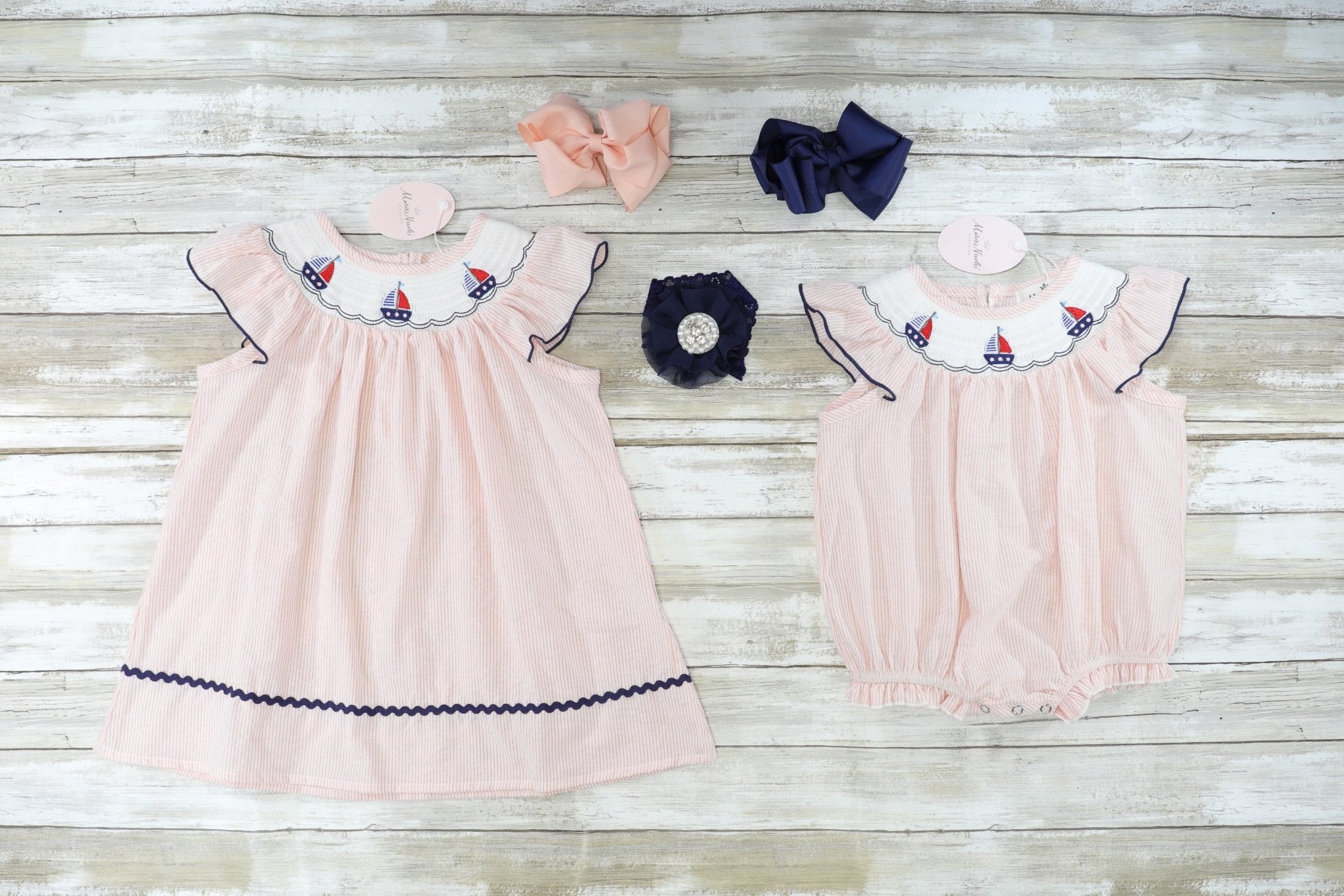 Coral Sailboat Smocked Romper - Marie Nicole Clothing