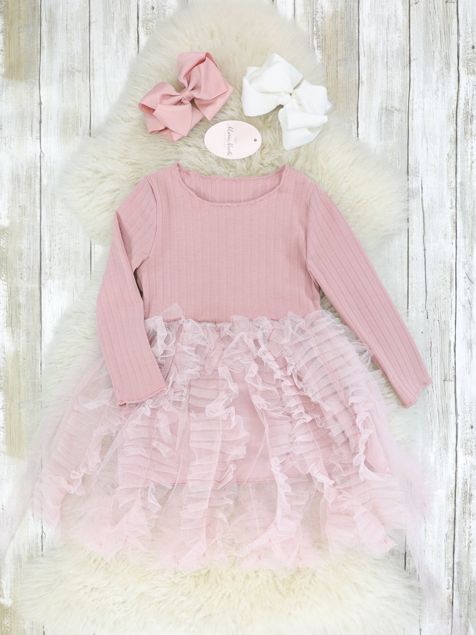 Rose Pink Ribbed Tulle Dress - Marie Nicole Clothing