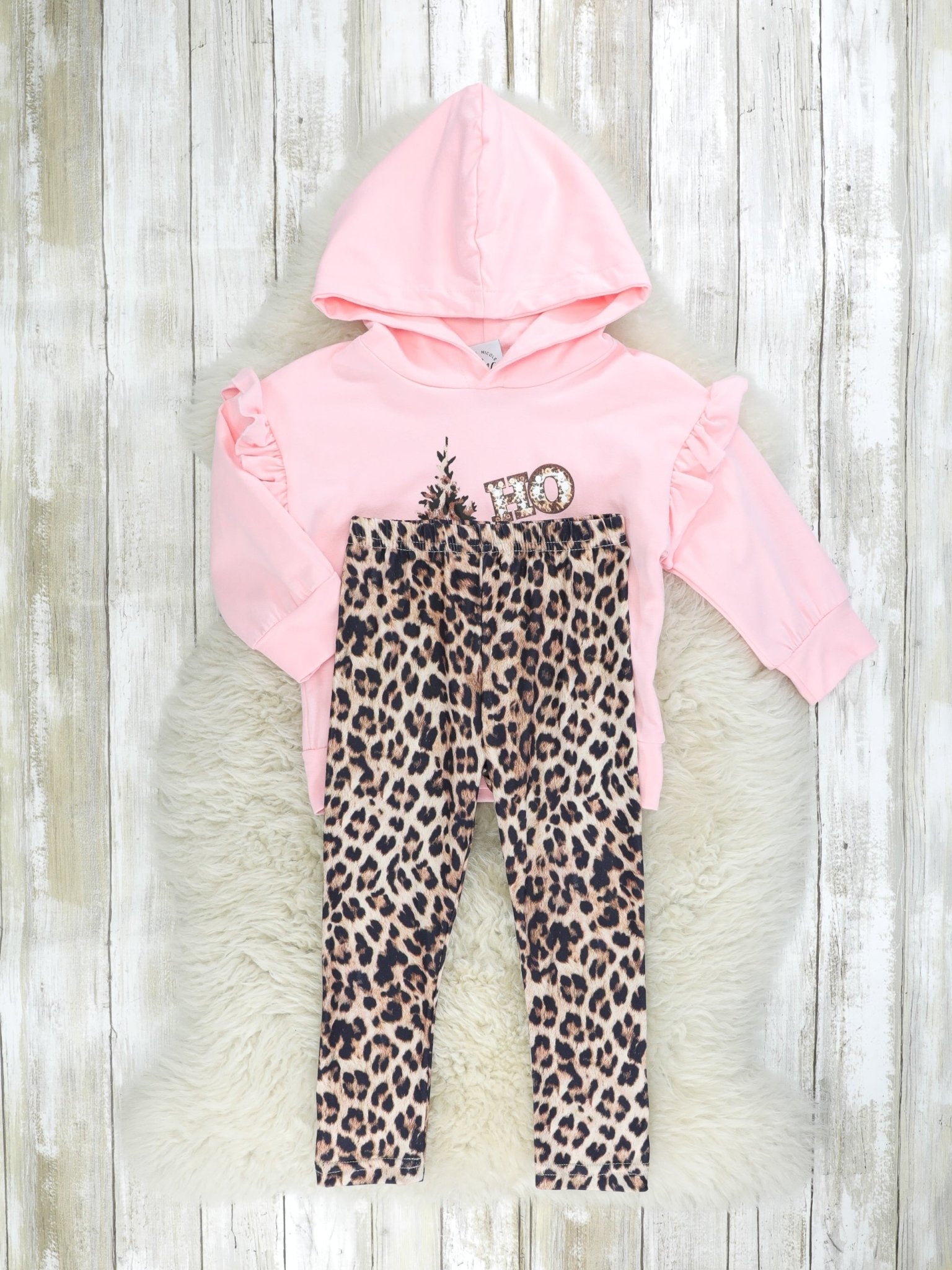 Pink "HO HO HO" Leopard Hoodie Outfit - Marie Nicole Clothing