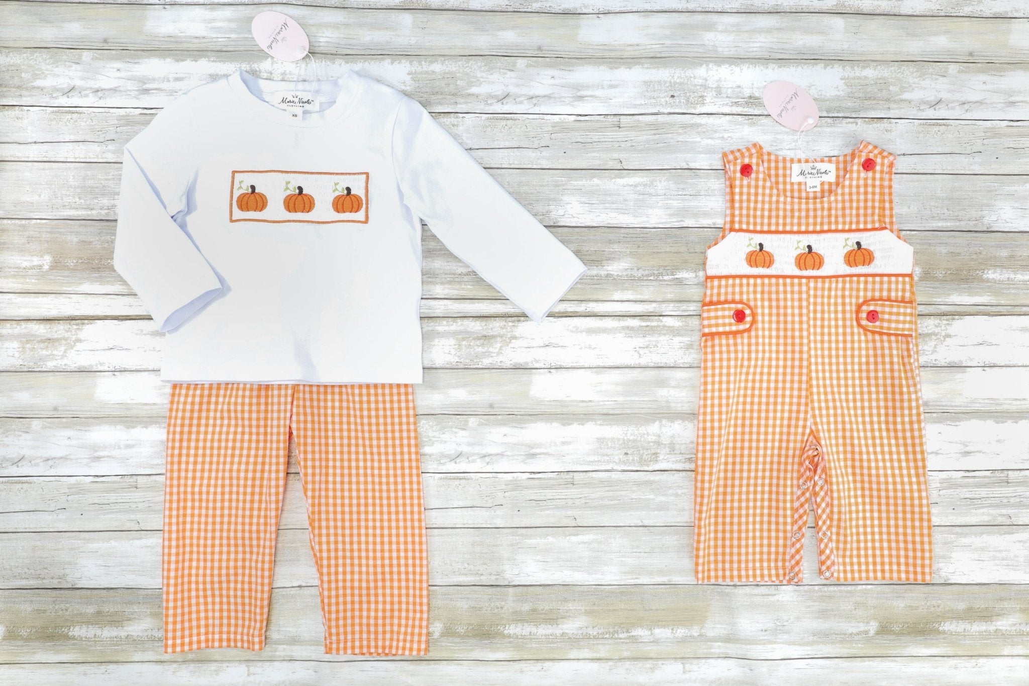 Orange Gingham Smocked Pumpkin Johnny - Marie Nicole Clothing