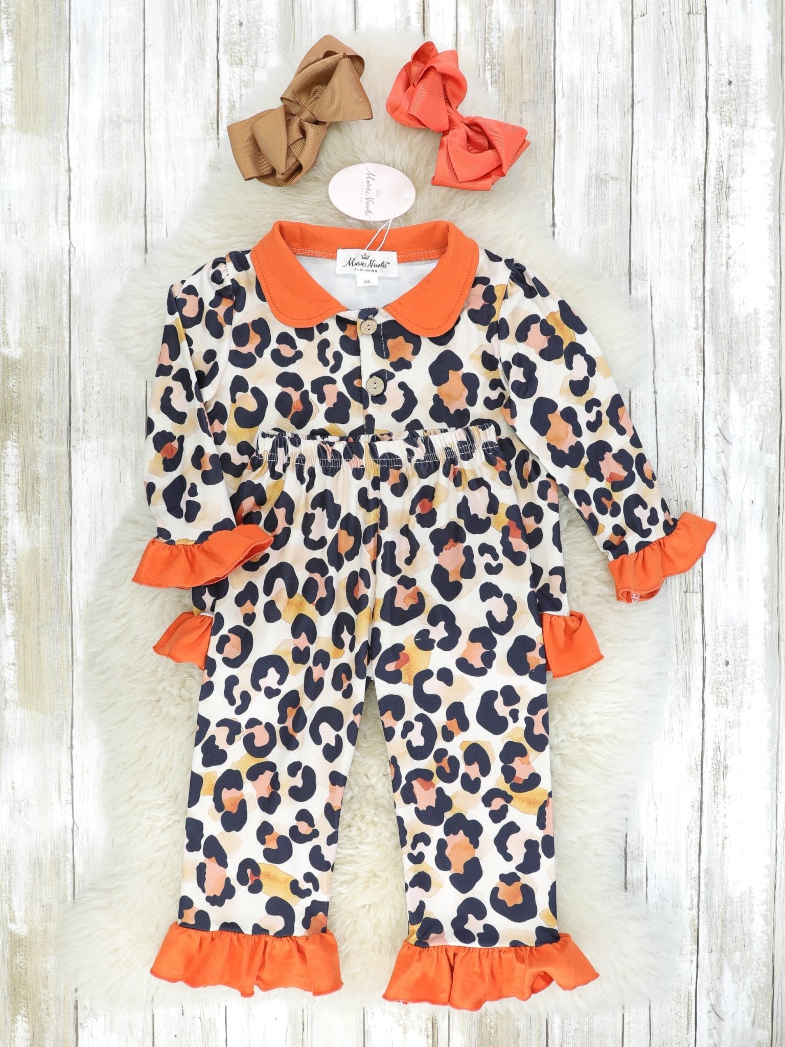 Orange Ruffle Leopard Pajamas - Marie Nicole Clothing