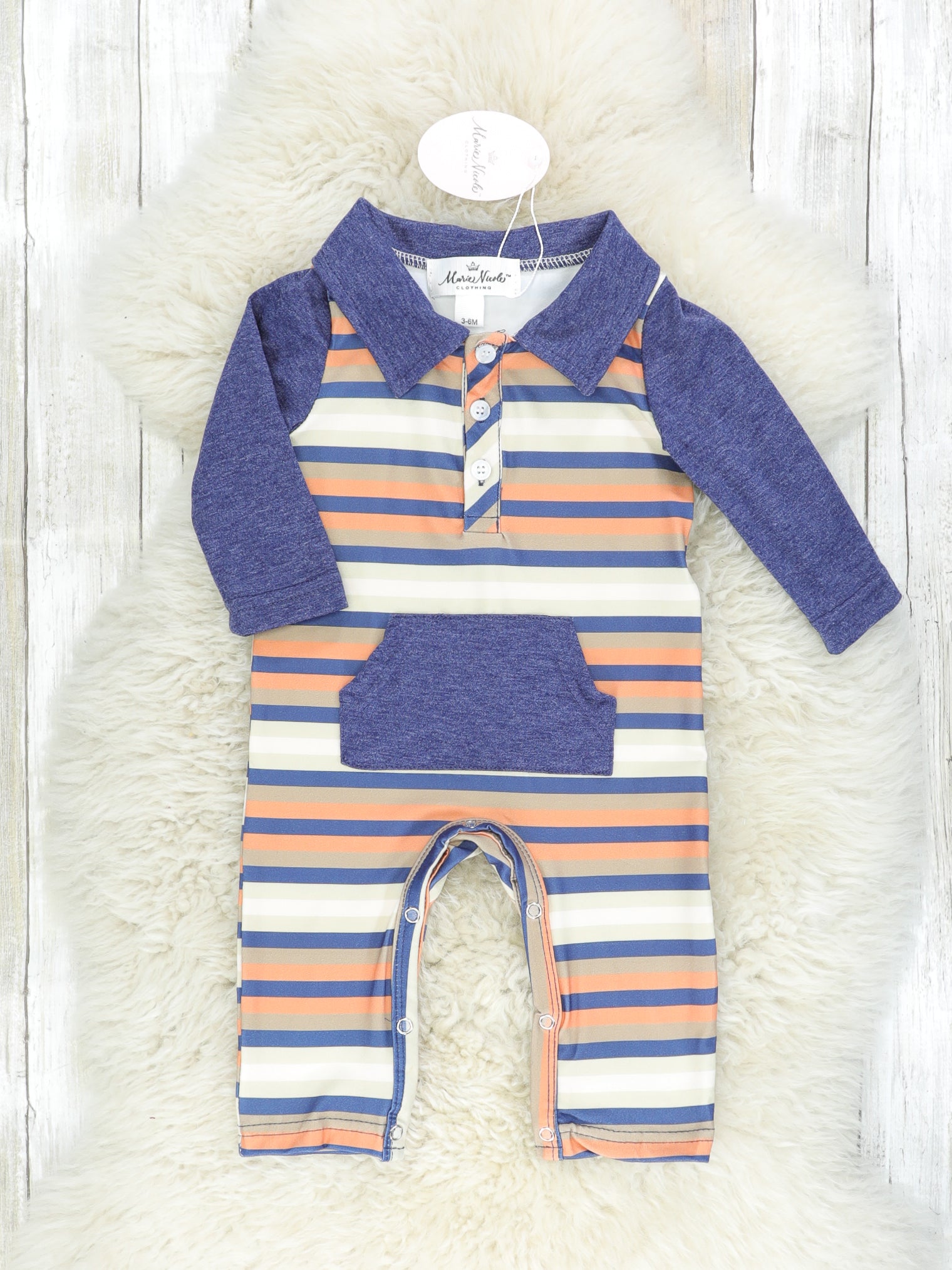 Orange & Navy Striped Raglan Polo Romper - Marie Nicole Clothing